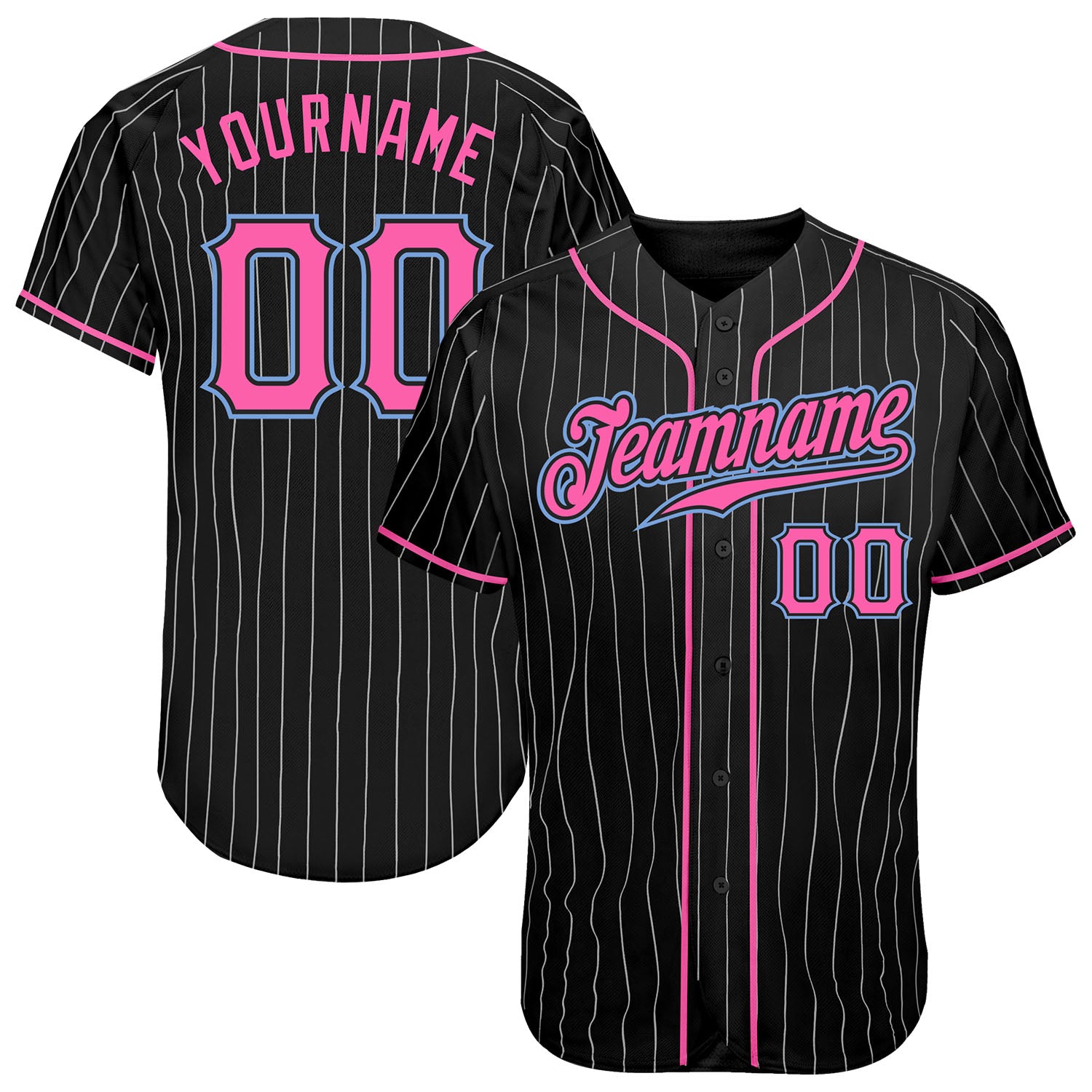 Custom Black White Pinstripe Pink-Light Blue Authentic Baseball Jersey