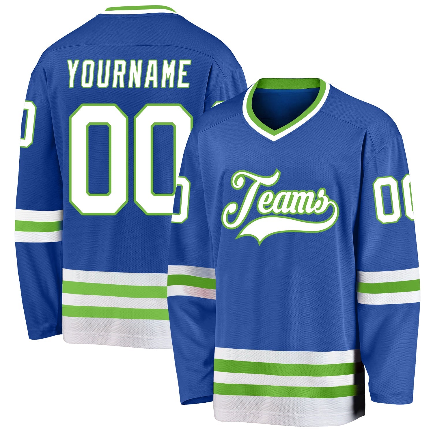 Custom Blue White-Neon Green Hockey Jersey