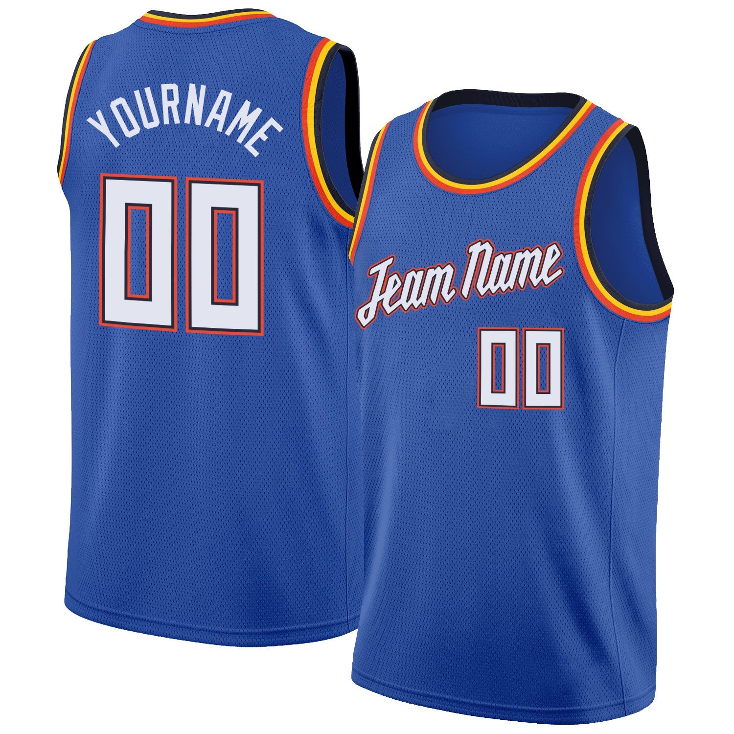 Custom Blue White-Orange Round Neck Rib-Knit Basketball Jersey