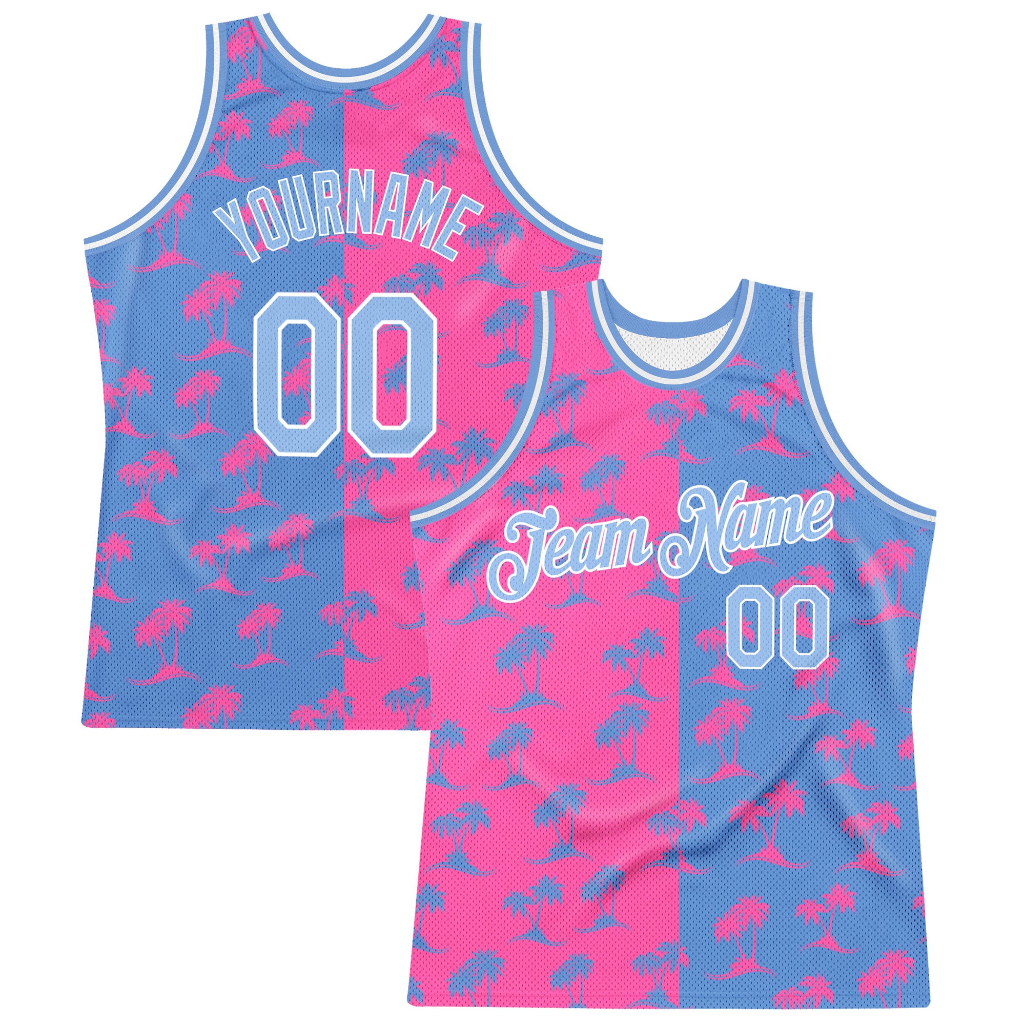 Custom Pink Light Blue-White 3D Pattern Design Palm Trees Authentic Basketball Jersey