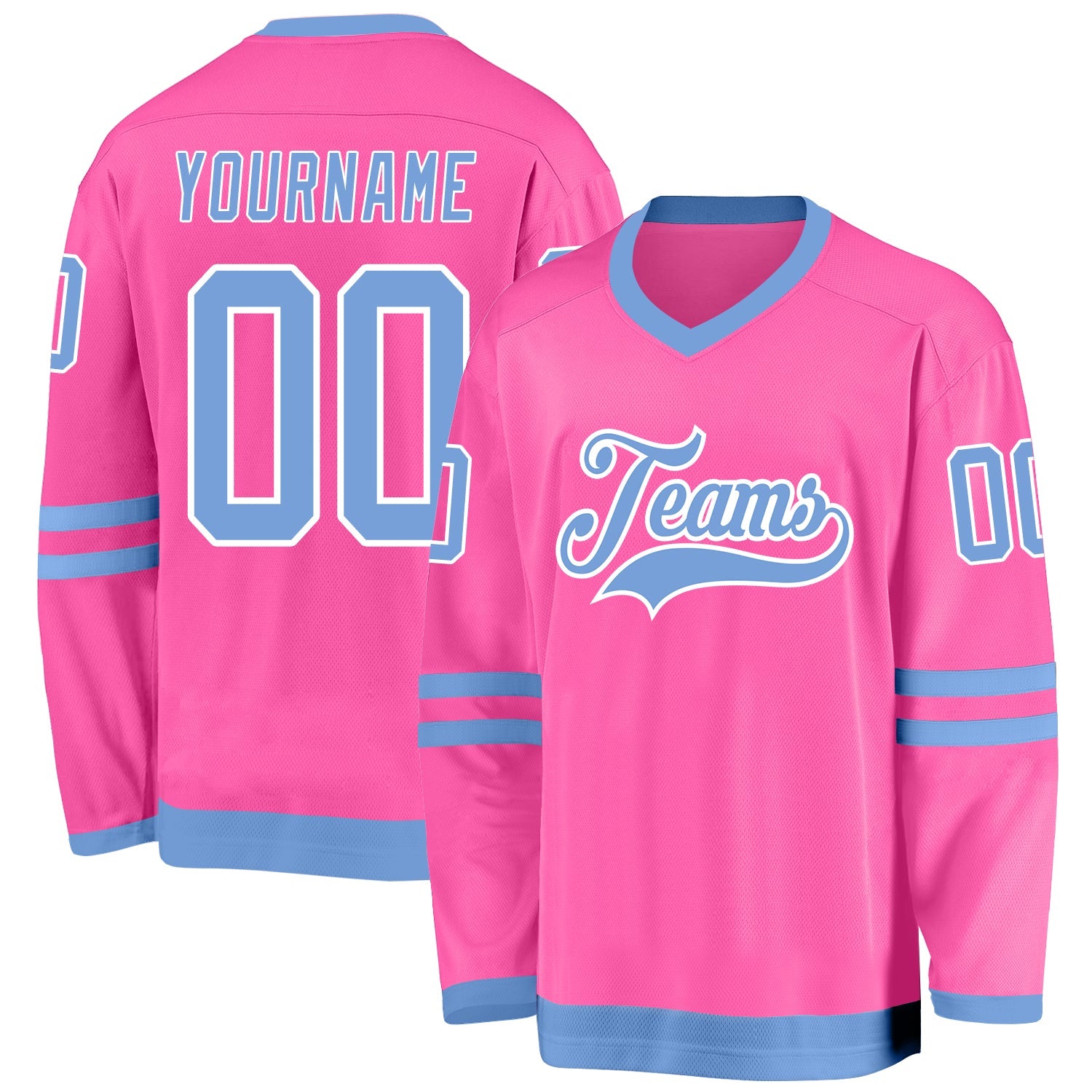 Custom Pink Light Blue-White Hockey Jersey