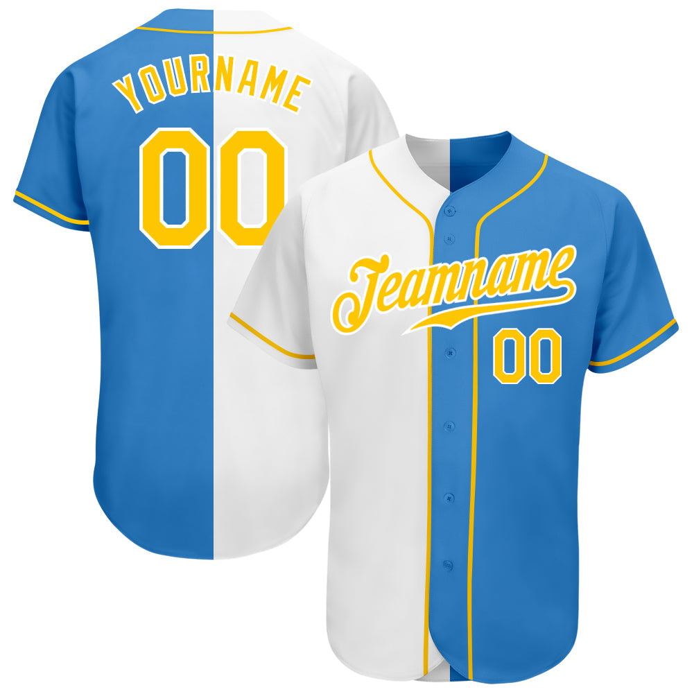 Custom Powder Blue Gold-White Authentic Split Fashion Baseball Jersey