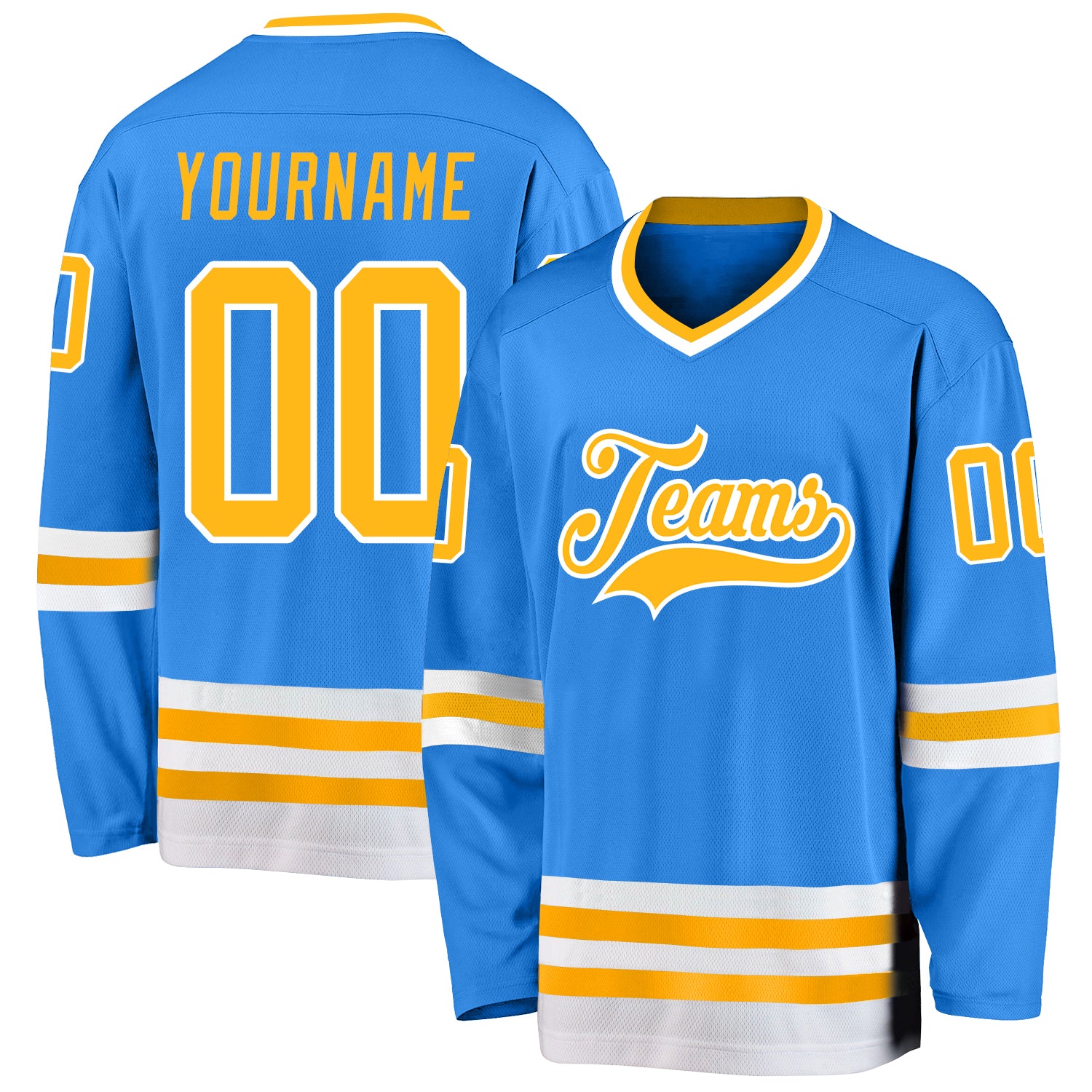 Custom Powder Blue Gold-White Hockey Jersey