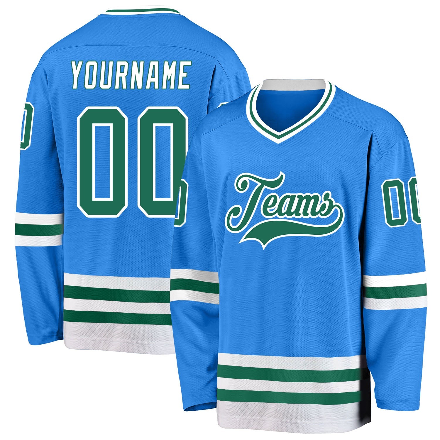 Custom Powder Blue Kelly Green-White Hockey Jersey