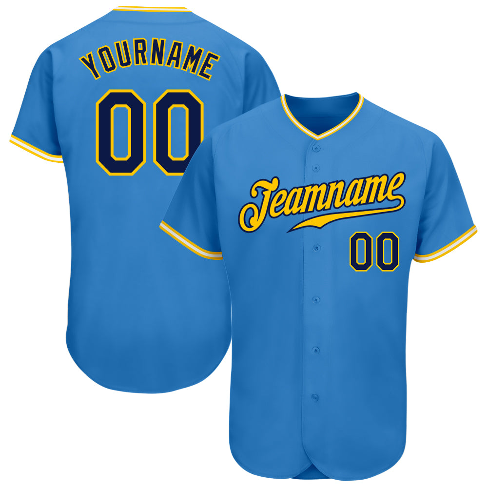 Custom Powder Blue Navy Gold-White Authentic Baseball Jersey