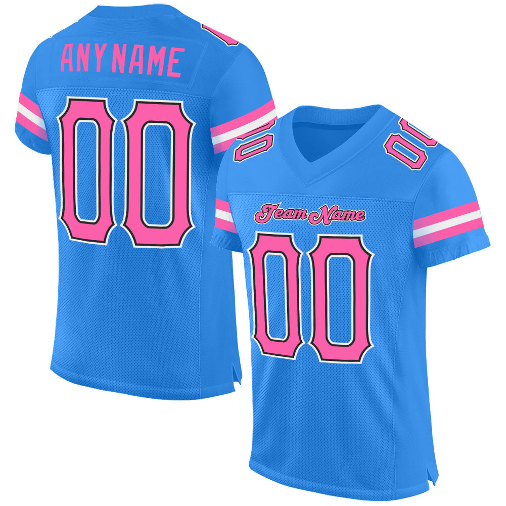 Custom Powder Blue Pink-Black Mesh Authentic Football Jersey