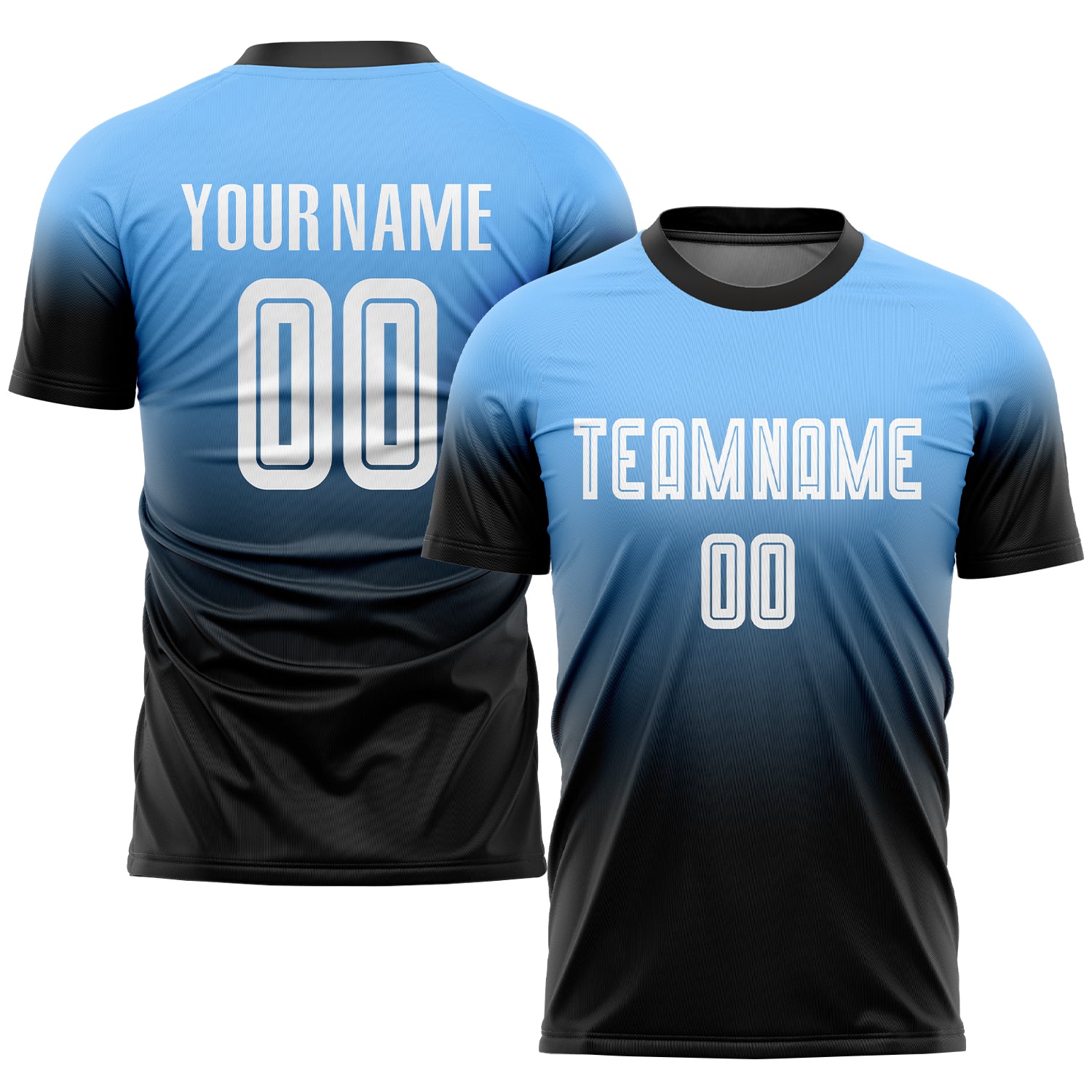 Custom Powder Blue White-Black Sublimation Fade Fashion Soccer Uniform Jersey