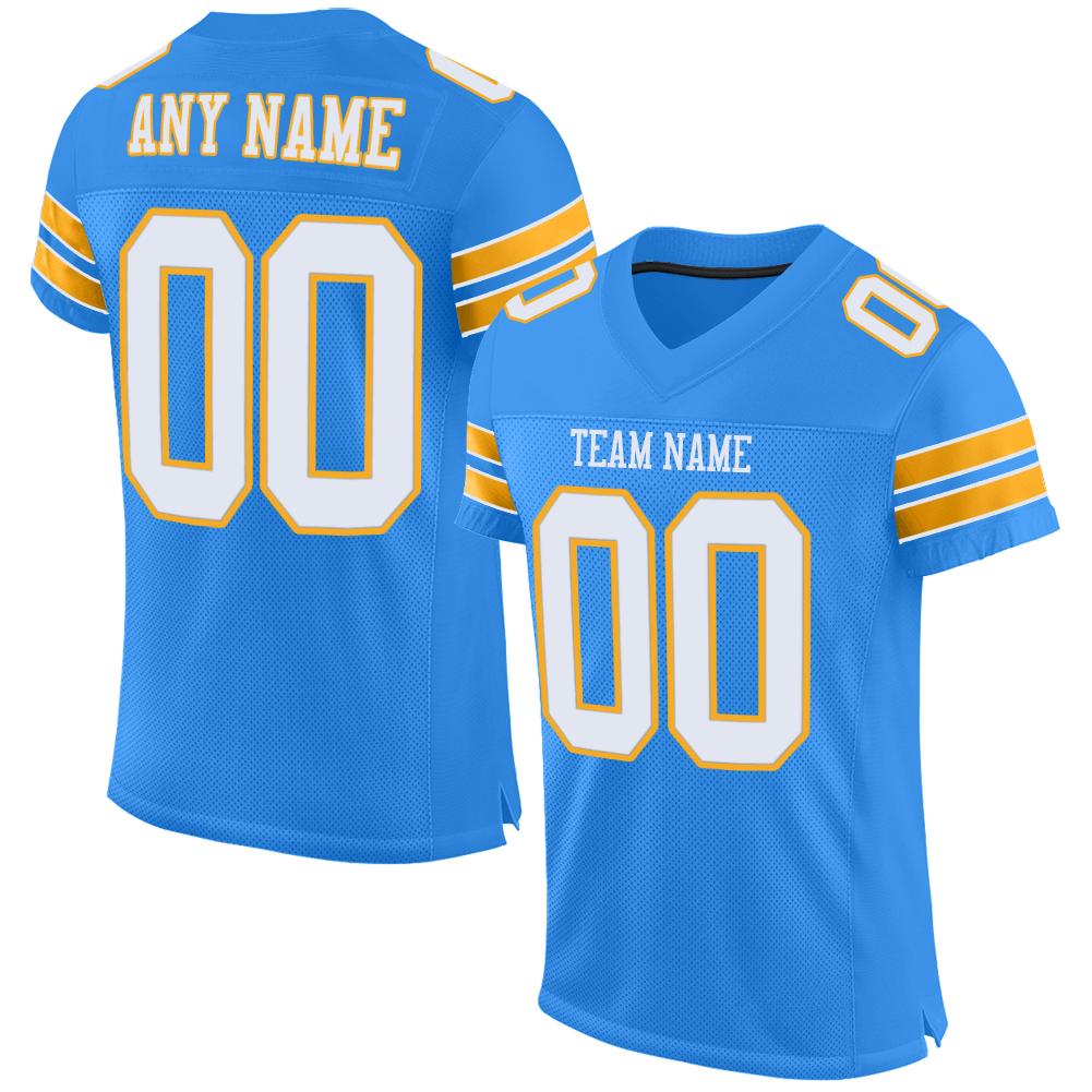 Custom Powder Blue White-Gold Mesh Authentic Football Jersey