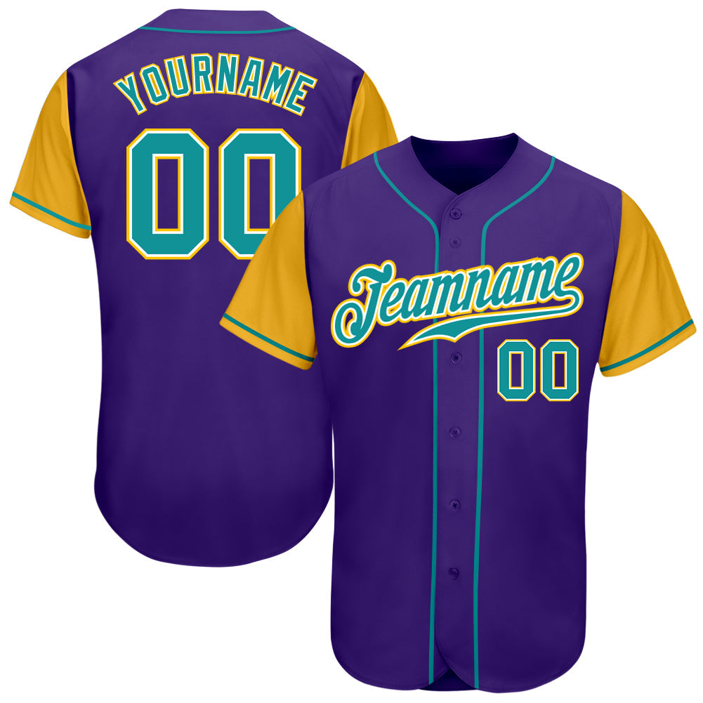 Custom Purple Aqua-Gold Authentic Two Tone Baseball Jersey