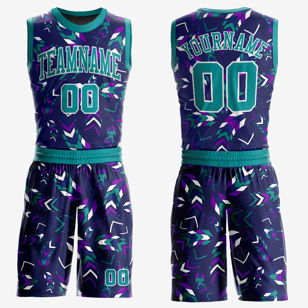 Custom Purple Aqua-White Music Festival Round Neck Sublimation Basketball Suit Jersey