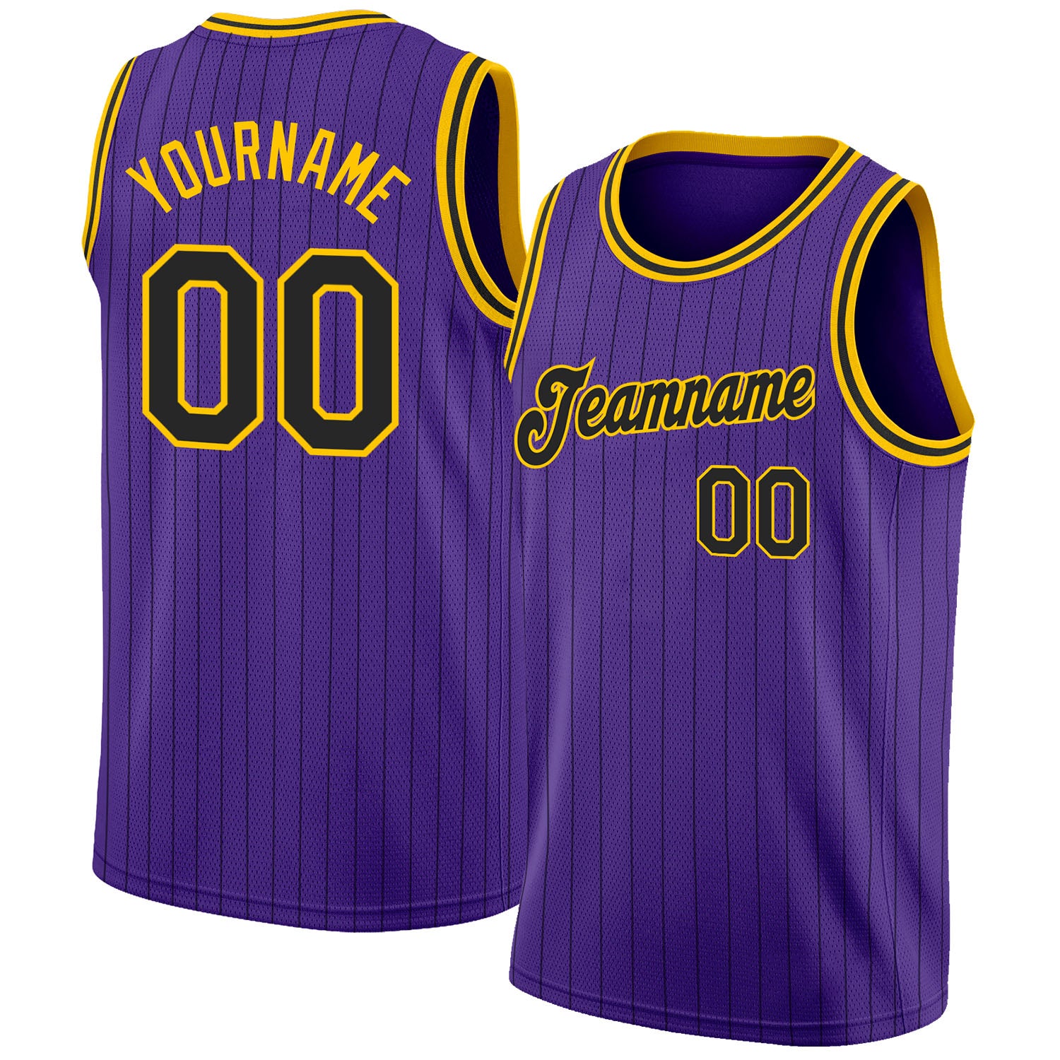 Custom Purple Black Pinstripe Black-Gold Authentic Throwback Basketball Jersey