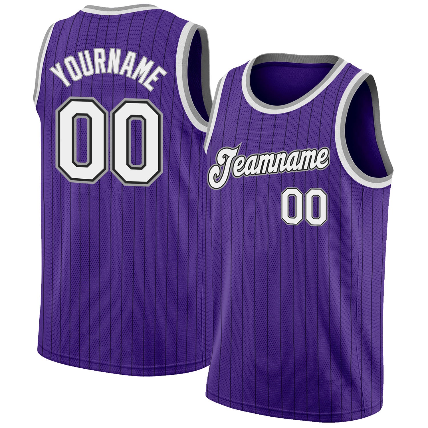 Custom Purple Black Pinstripe White-Silver Gray Authentic Basketball Jersey