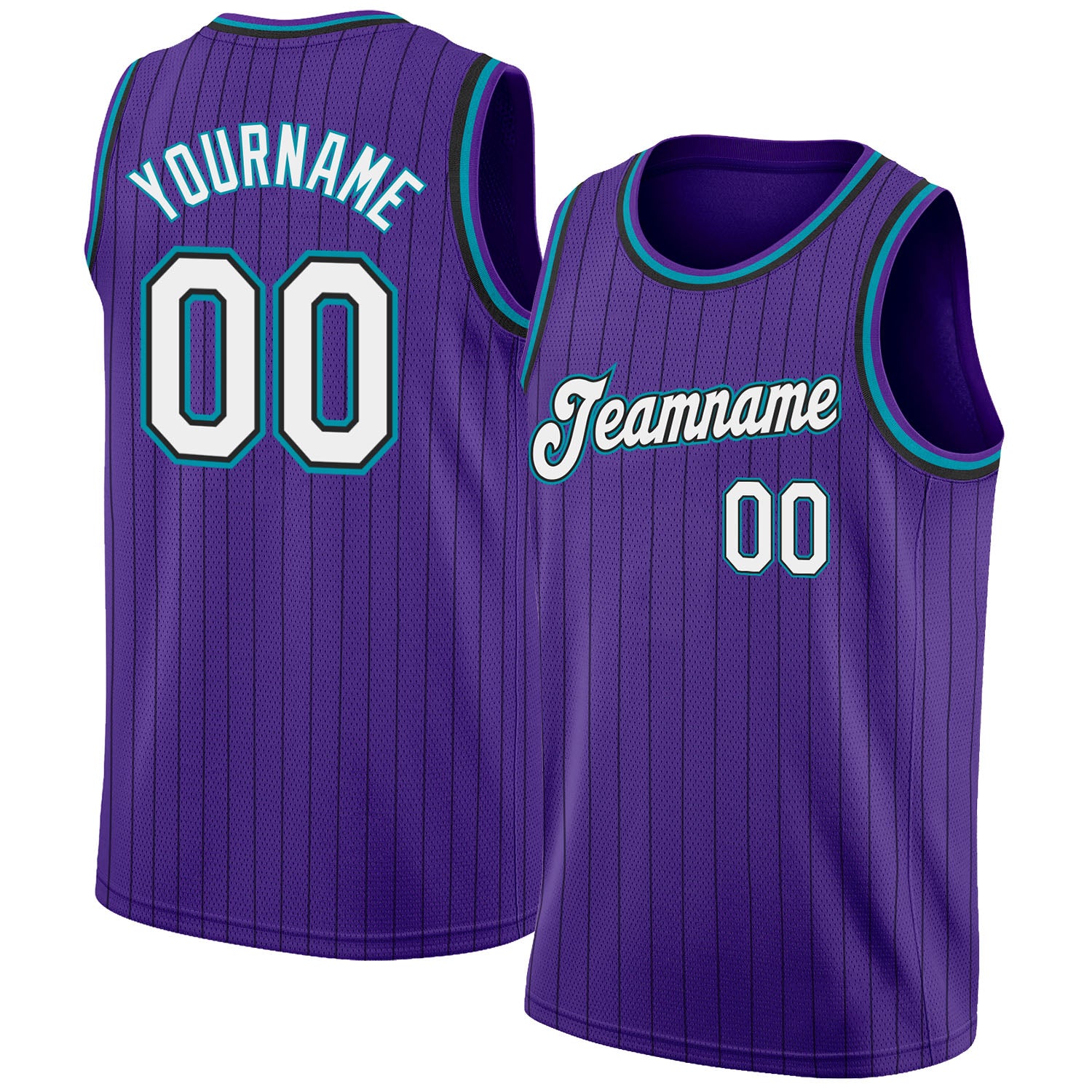 Custom Purple Black Pinstripe White-Teal Authentic Basketball Jersey