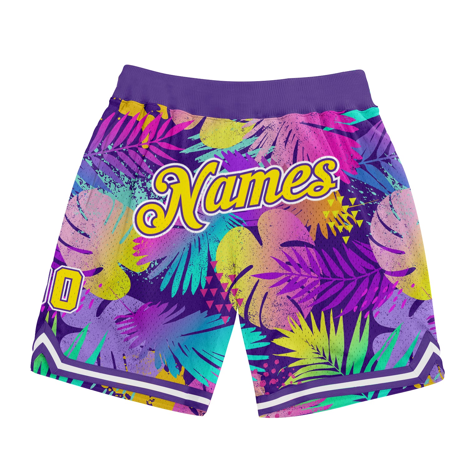 Custom Purple Gold-White 3D Pattern Design Tropical Plants Authentic Basketball Shorts