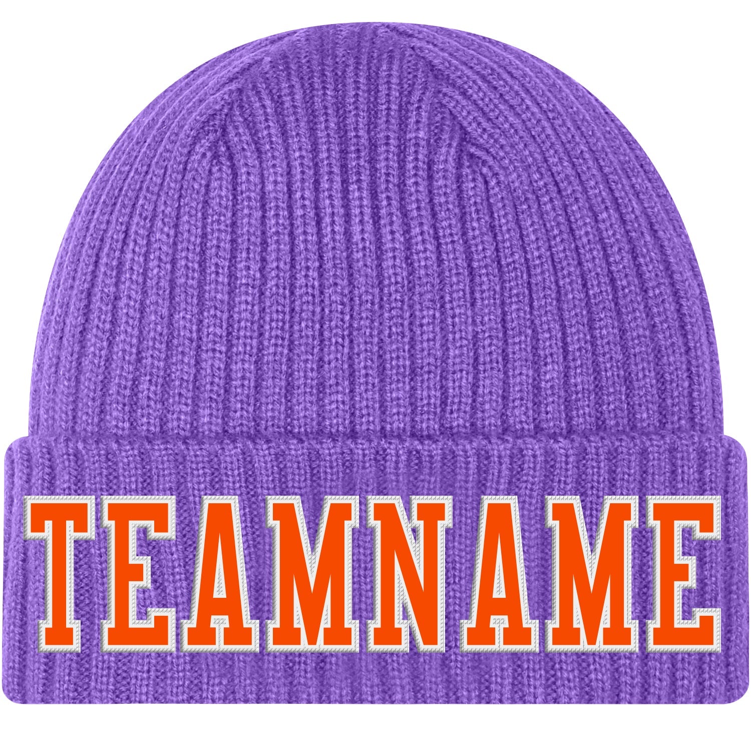 Custom Purple Orange-White Stitched Cuffed Knit Hat