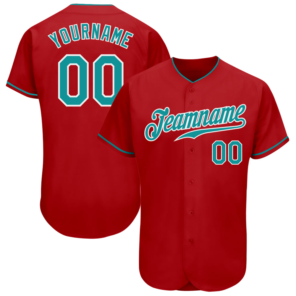 Custom Red Aqua-White Authentic Baseball Jersey