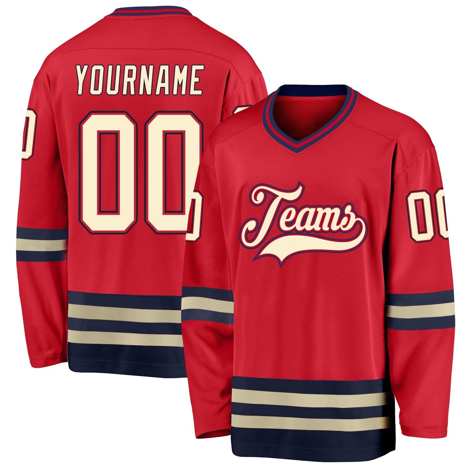 Custom Red Cream-Navy Hockey Jersey