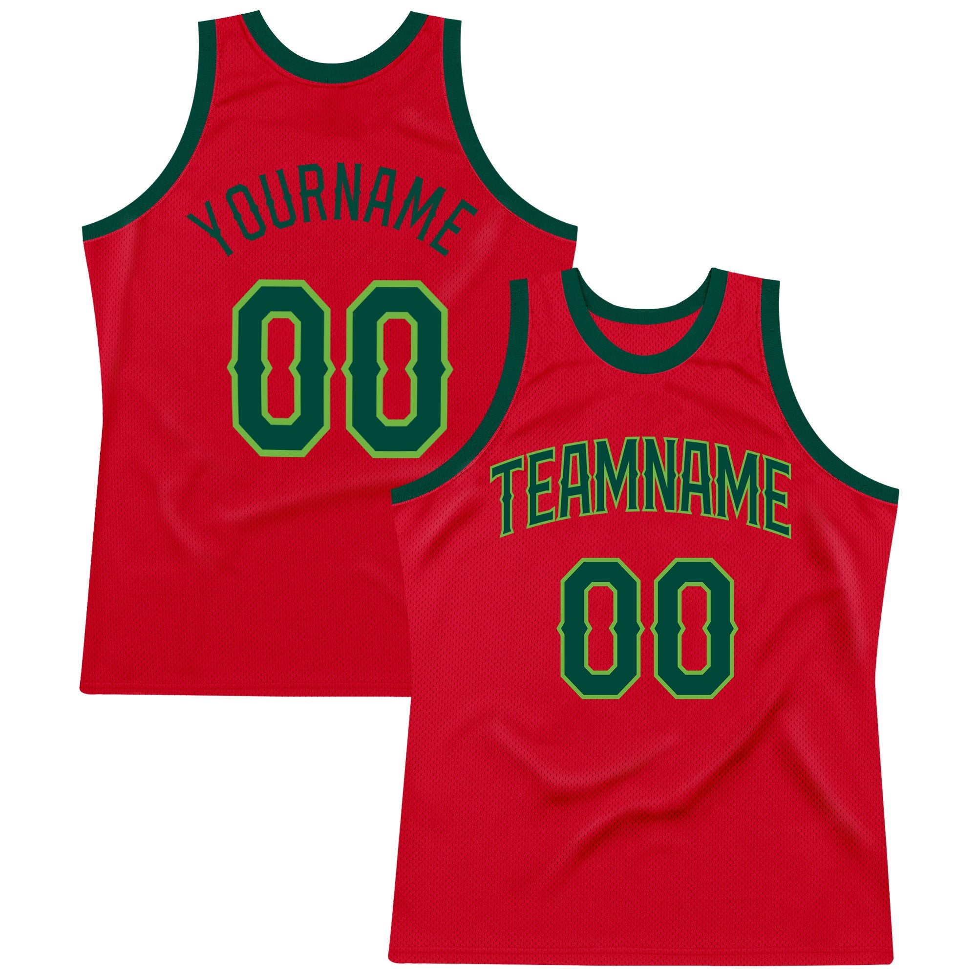 Custom Red Hunter Green-Neon Green Authentic Throwback Basketball Jersey