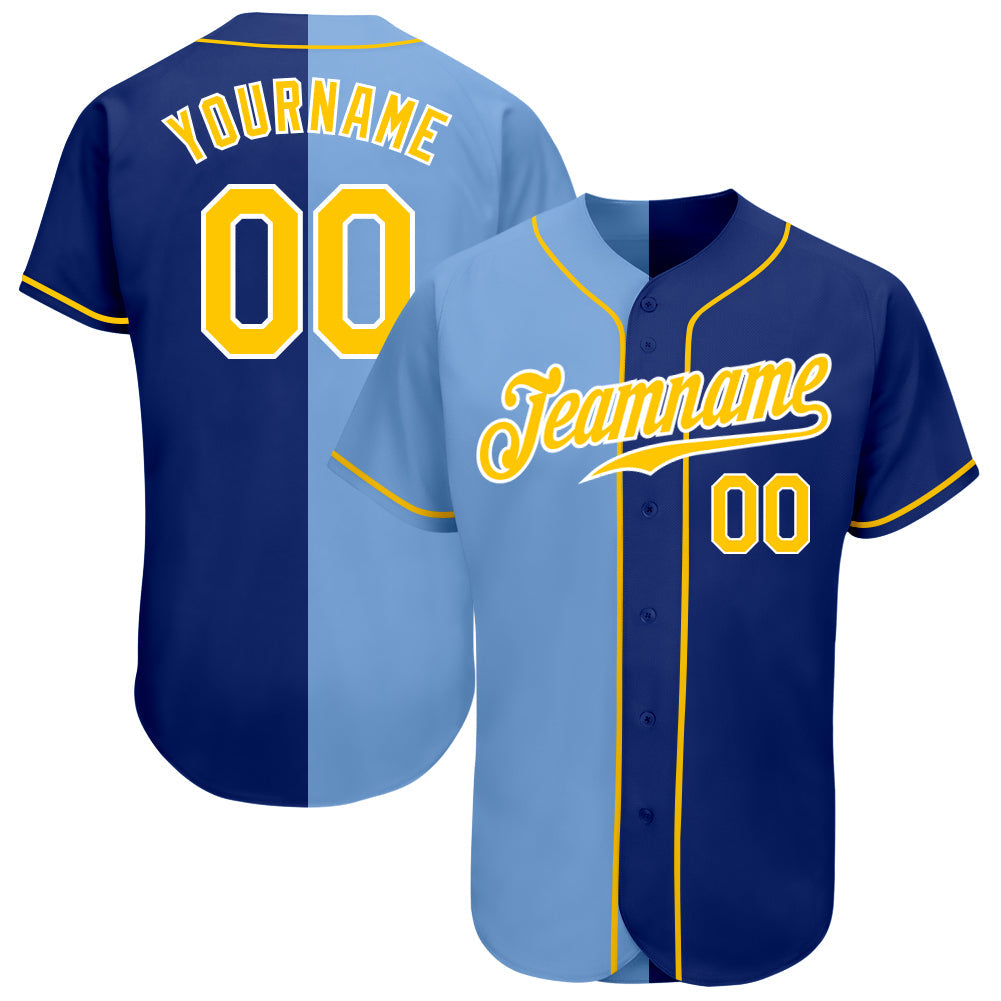 Custom Royal Gold-Light Blue Authentic Split Fashion Baseball Jersey