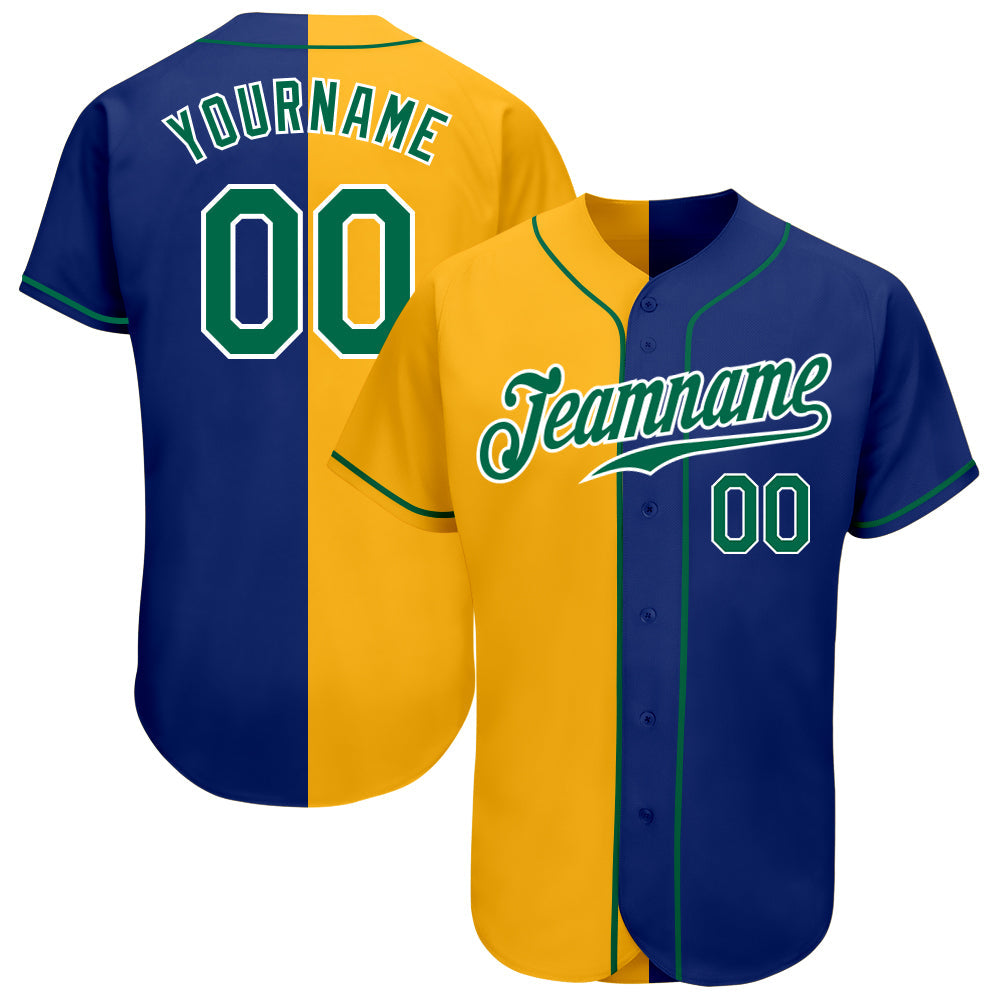 Custom Royal Kelly Green-Gold Authentic Split Fashion Baseball Jersey