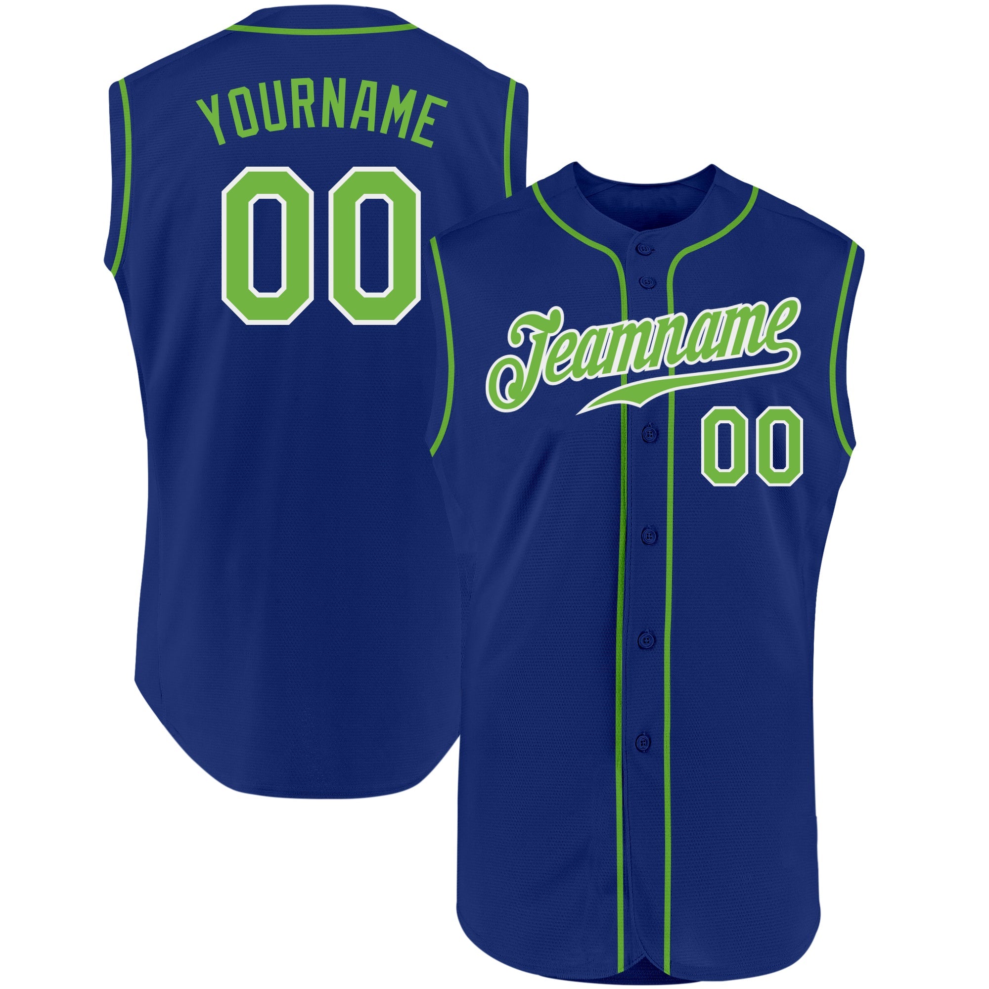 Custom Royal Neon Green-White Authentic Sleeveless Baseball Jersey