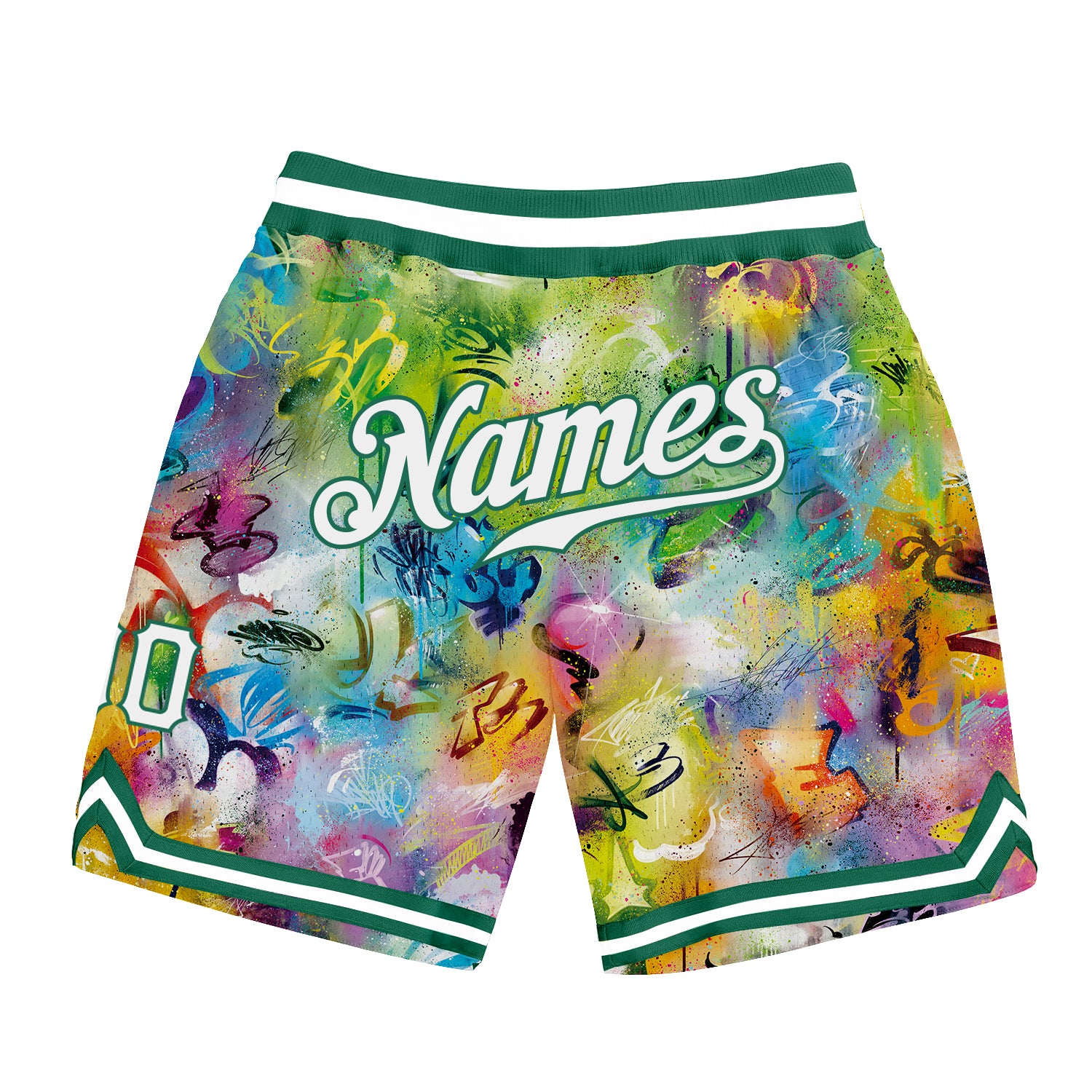 Custom Scratch Graffiti Pattern White-Kelly Green 3D Authentic Throwback Basketball Shorts