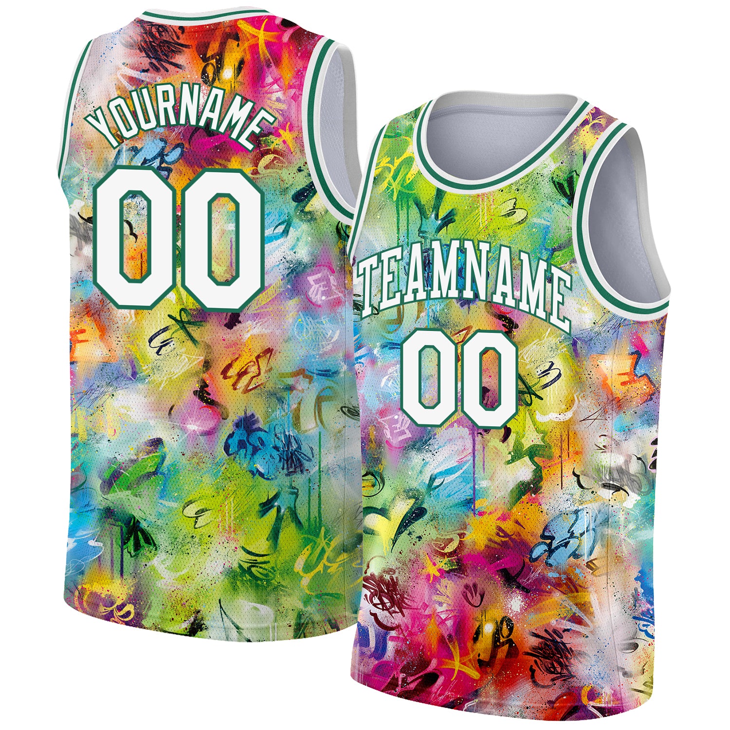 Custom Scratch Graffiti Pattern White-Kelly Green 3D Basketball Jersey