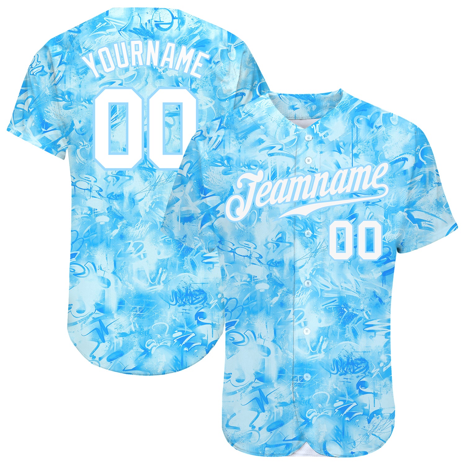 Custom Scratch Graffiti Pattern White-Light Blue 3D Authentic Baseball Jersey