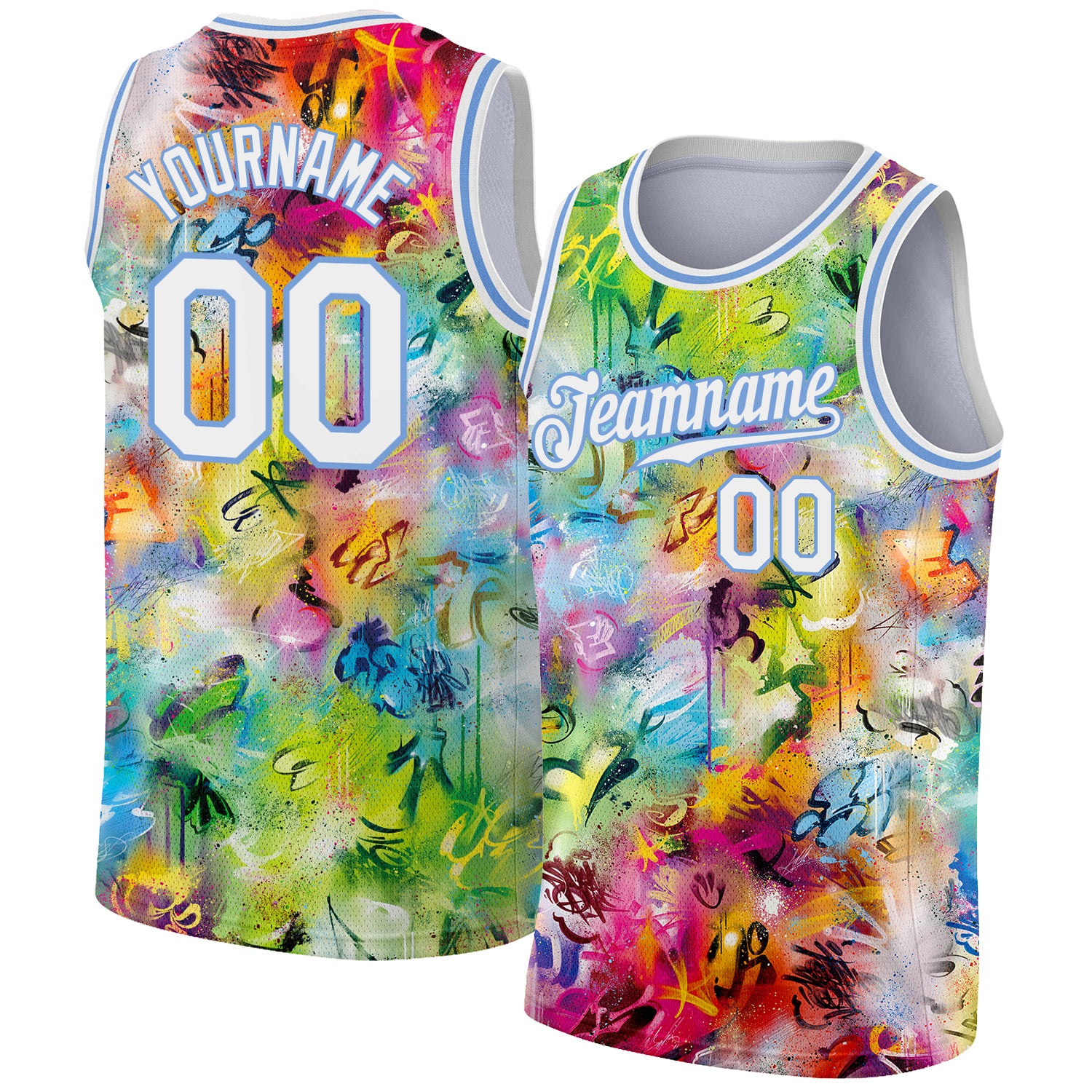 Custom Scratch Graffiti Pattern White-Light Blue 3D Basketball Jersey