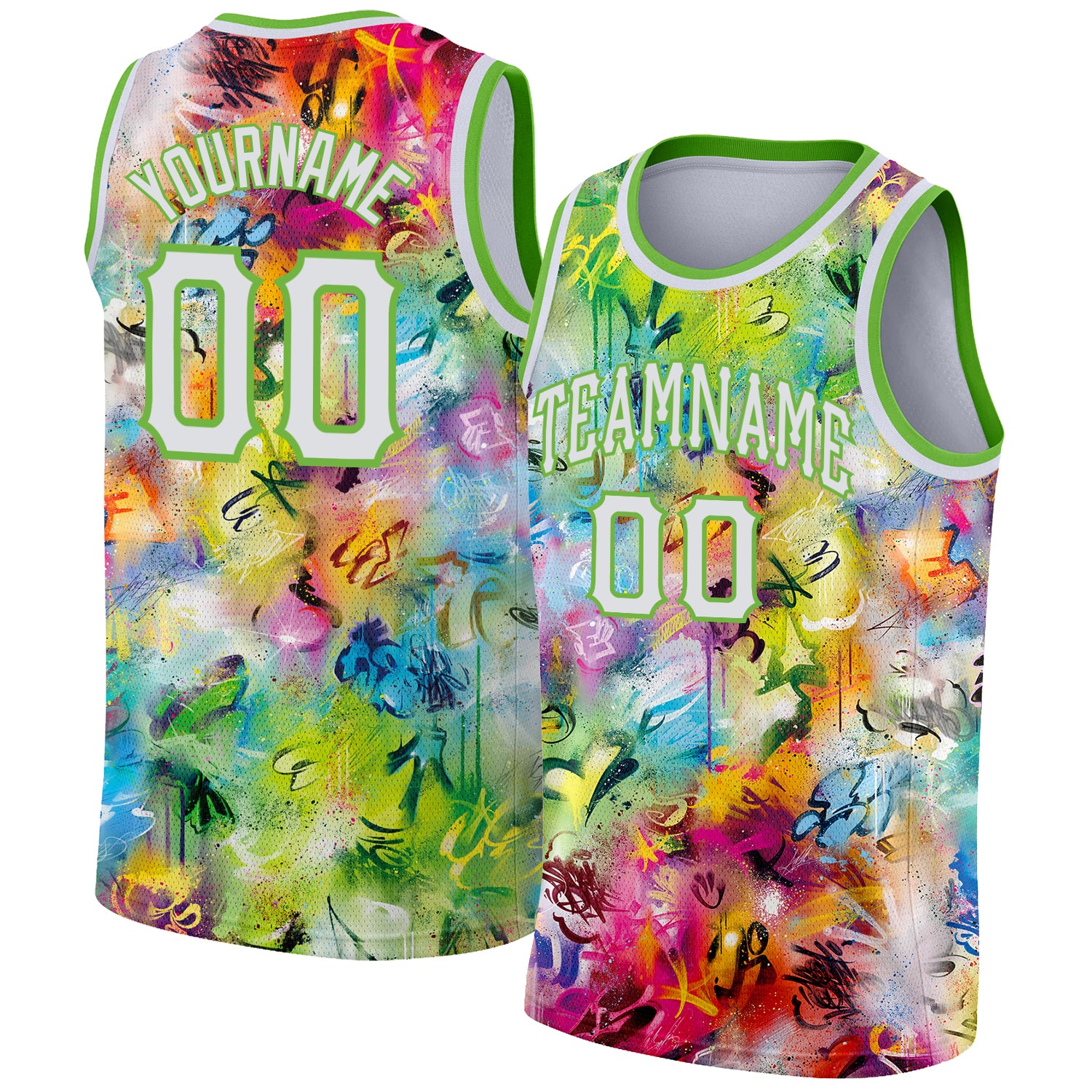 Custom Scratch Graffiti Pattern White-Neon Green 3D Basketball Jersey