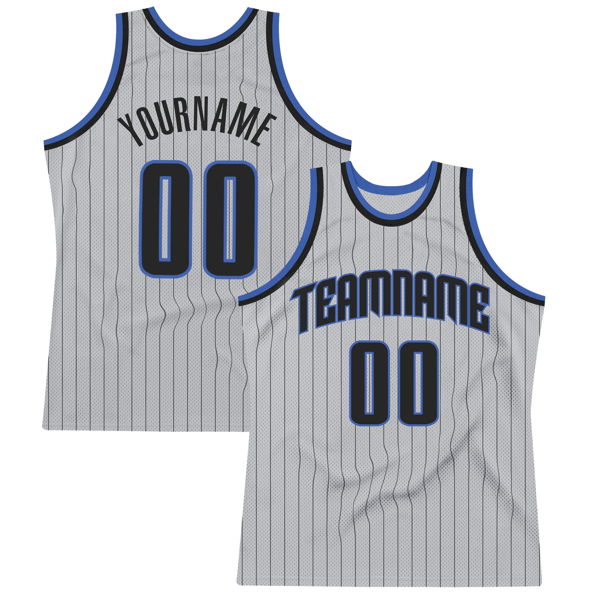 Custom Silver Gray Black Pinstripe Black-Blue Authentic Throwback Basketball Jersey