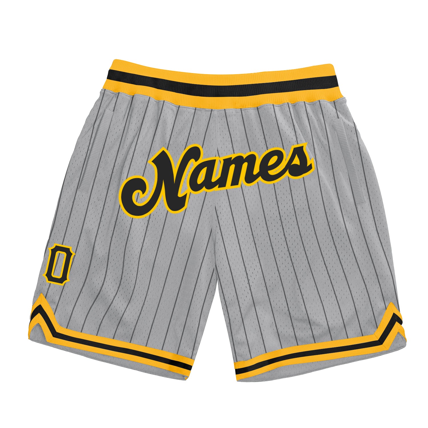 Custom Silver Gray Black Pinstripe Black-Gold Authentic Basketball Shorts