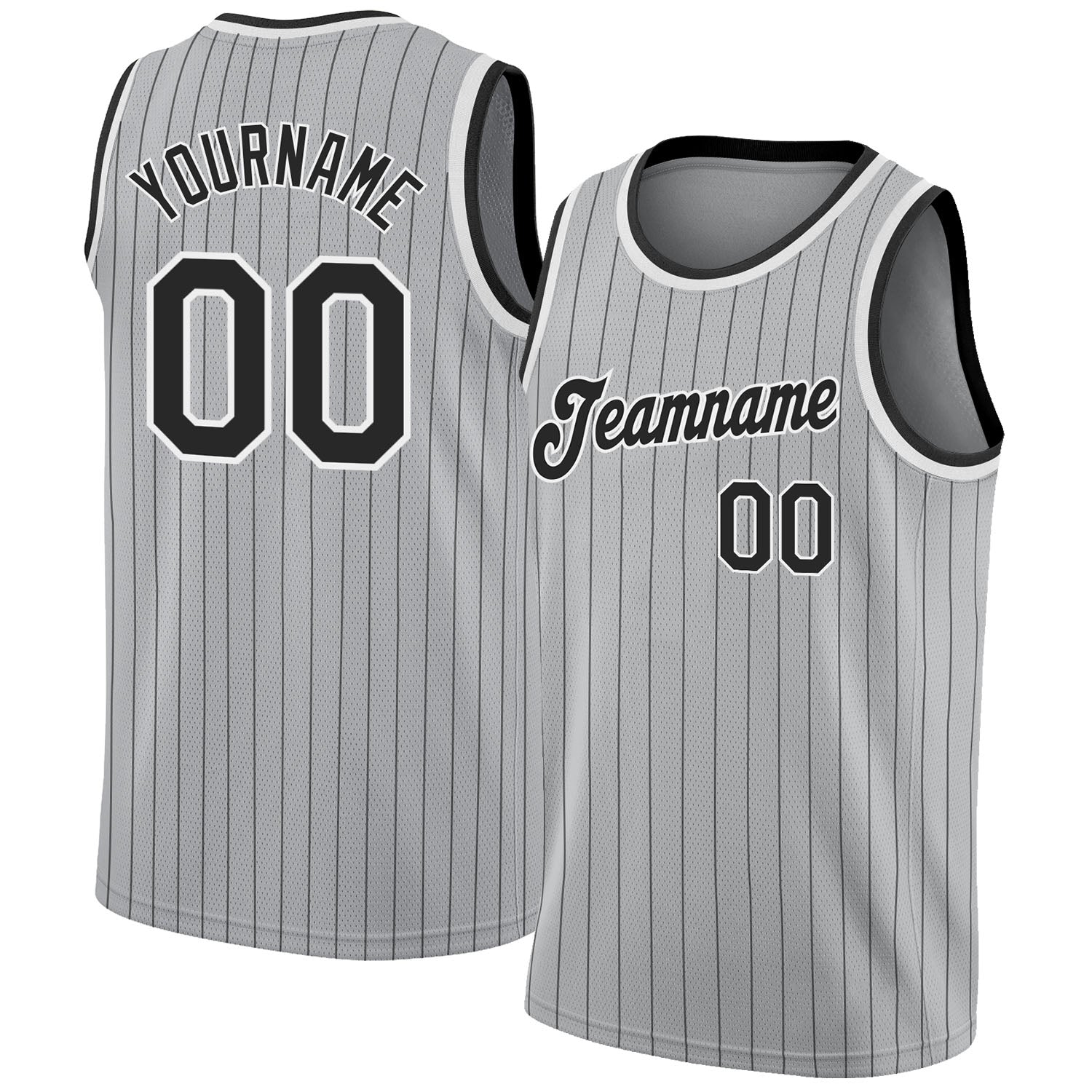 Custom Silver Gray Black Pinstripe Black-White Authentic Throwback Basketball Jersey