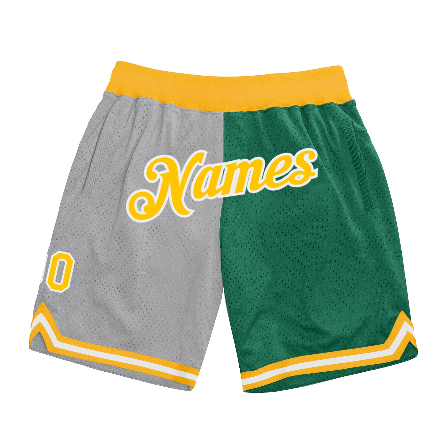 Custom Silver Gray Gold-Kelly Green Authentic Throwback Split Fashion Basketball Shorts