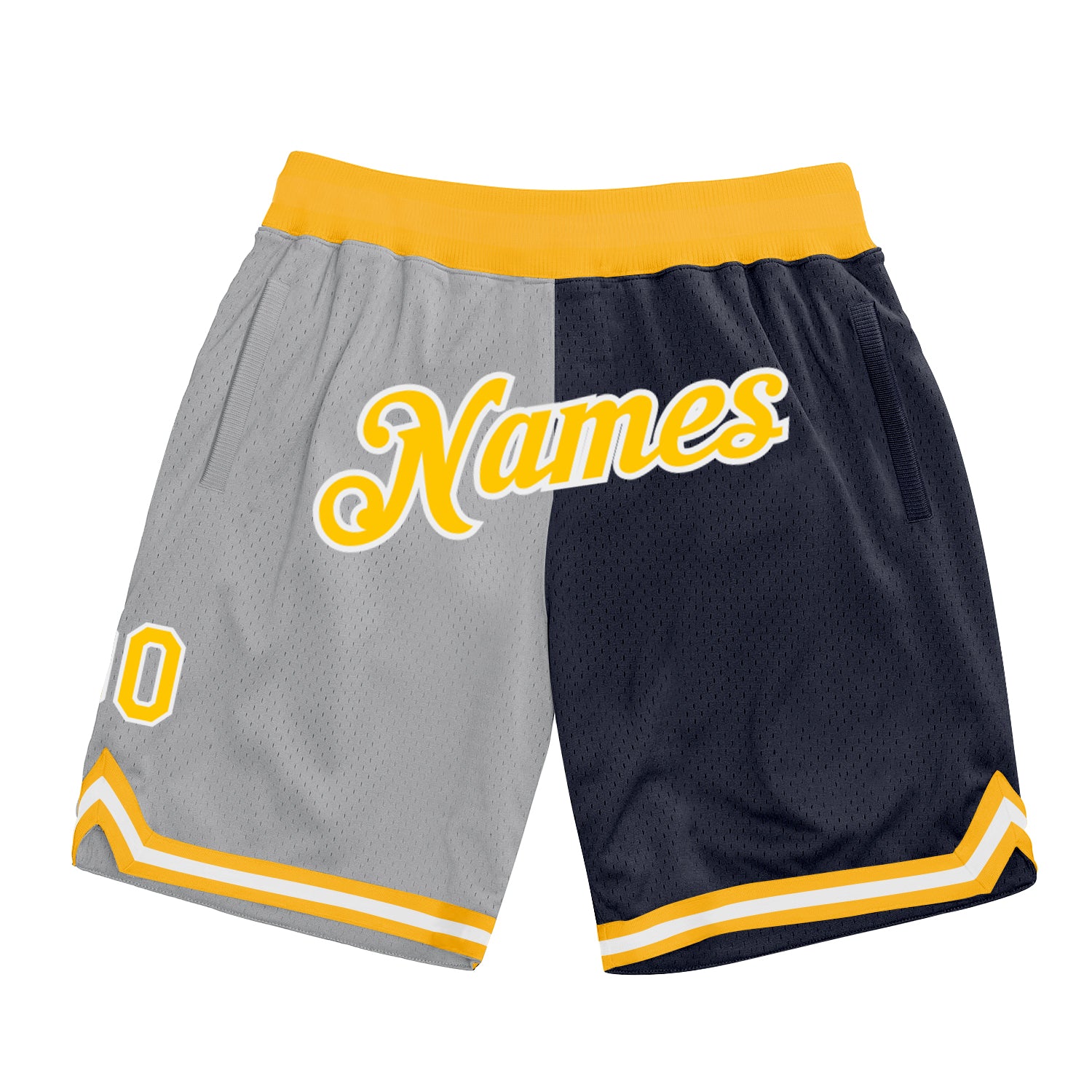 Custom Silver Gray Gold-Navy Authentic Throwback Split Fashion Basketball Shorts