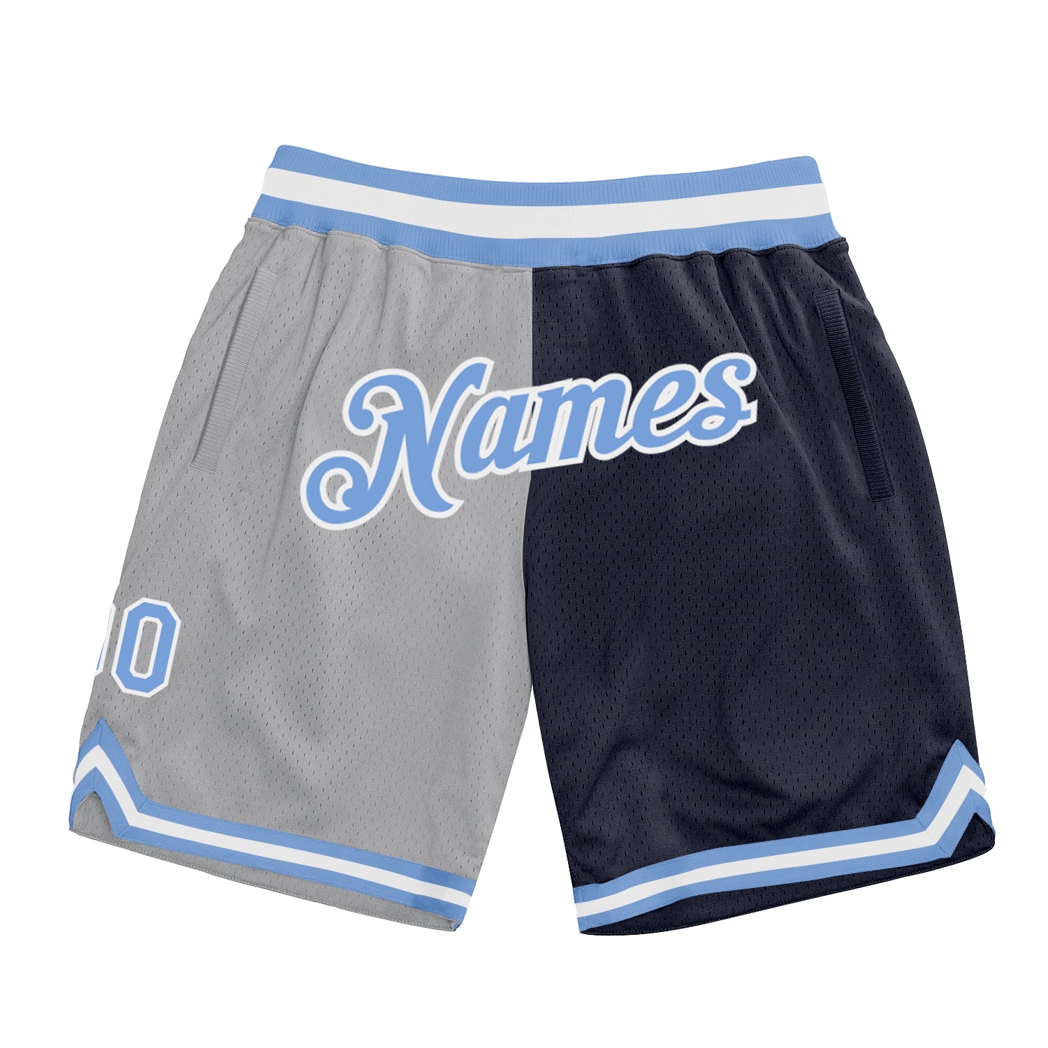 Custom Silver Gray Light Blue-Navy Authentic Throwback Split Fashion Basketball Shorts