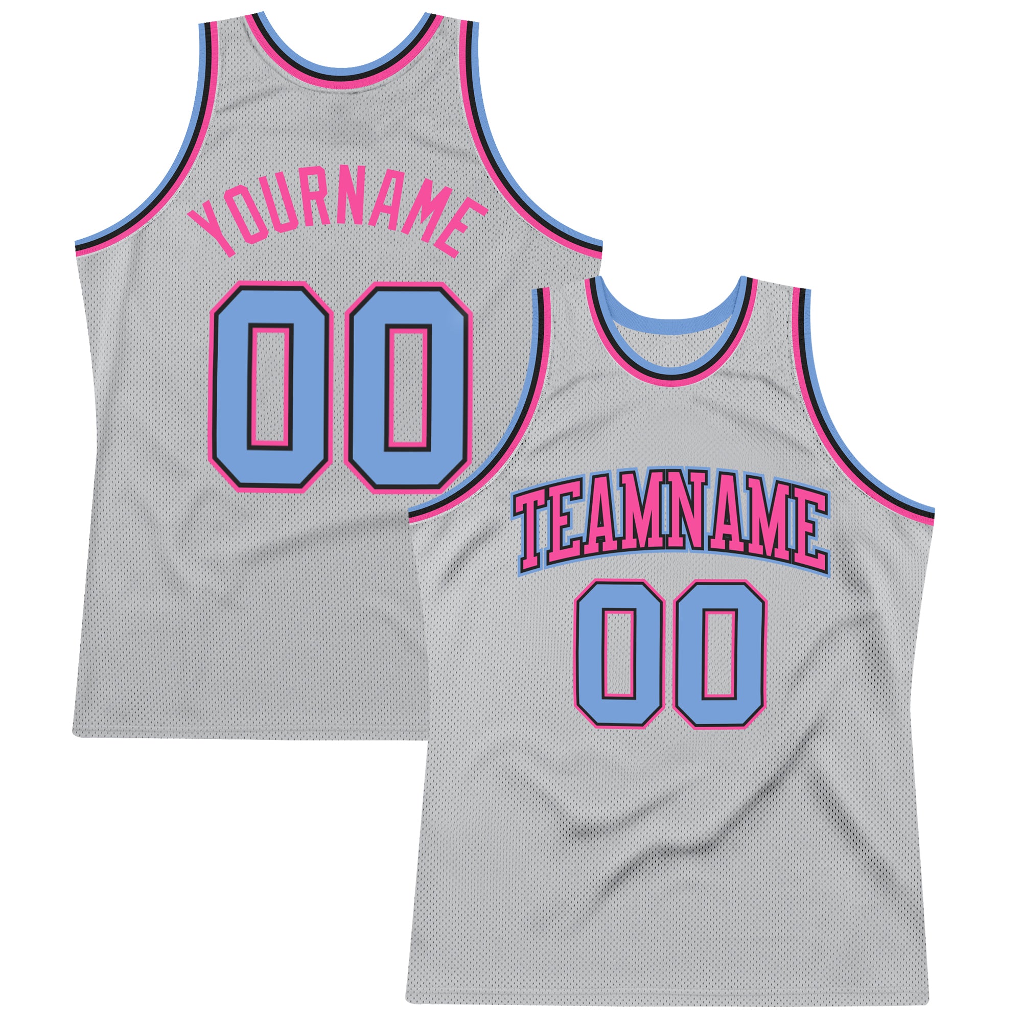 Custom Silver Gray Light Blue-Pink Authentic Throwback Basketball Jersey