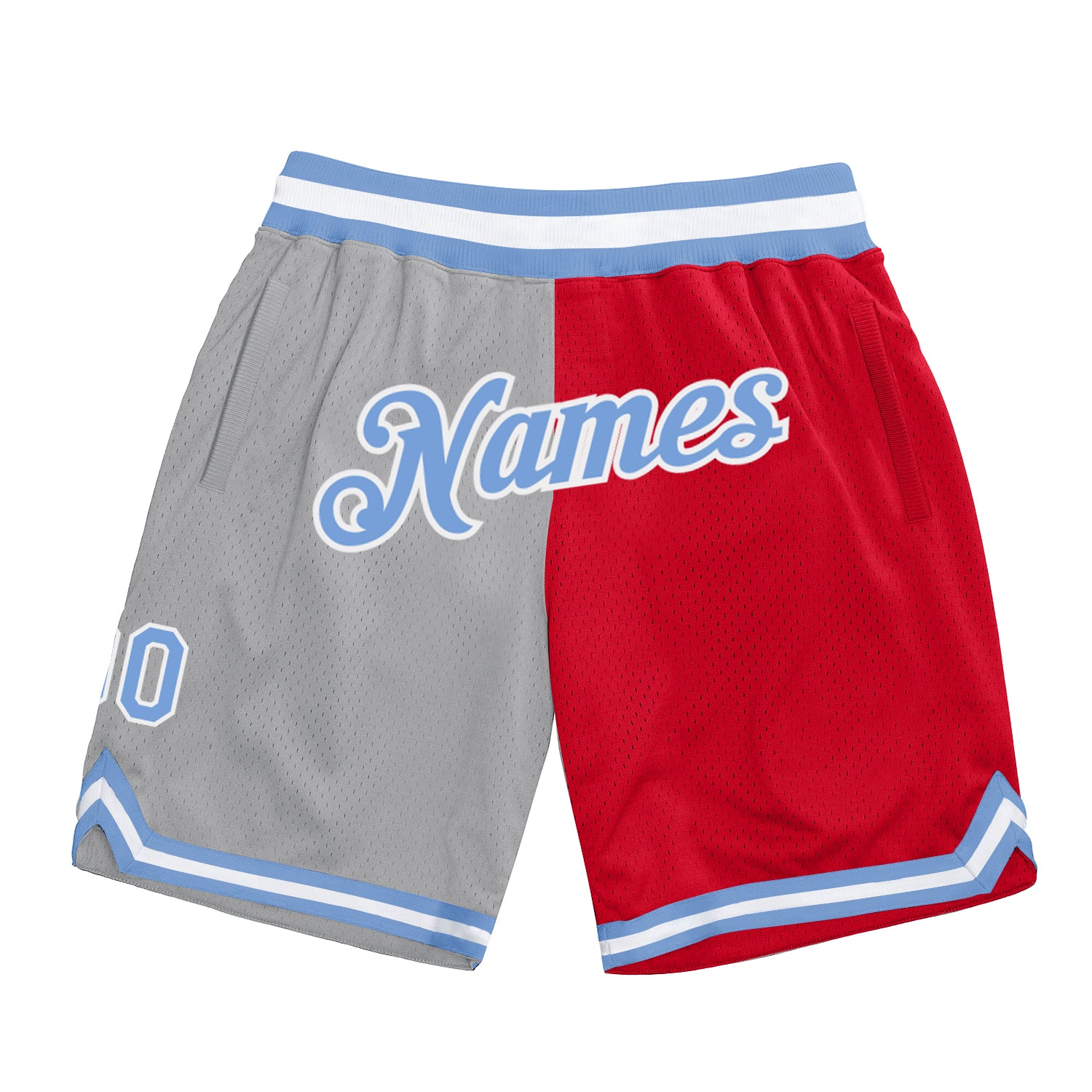 Custom Silver Gray Light Blue-Red Authentic Throwback Split Fashion Basketball Shorts