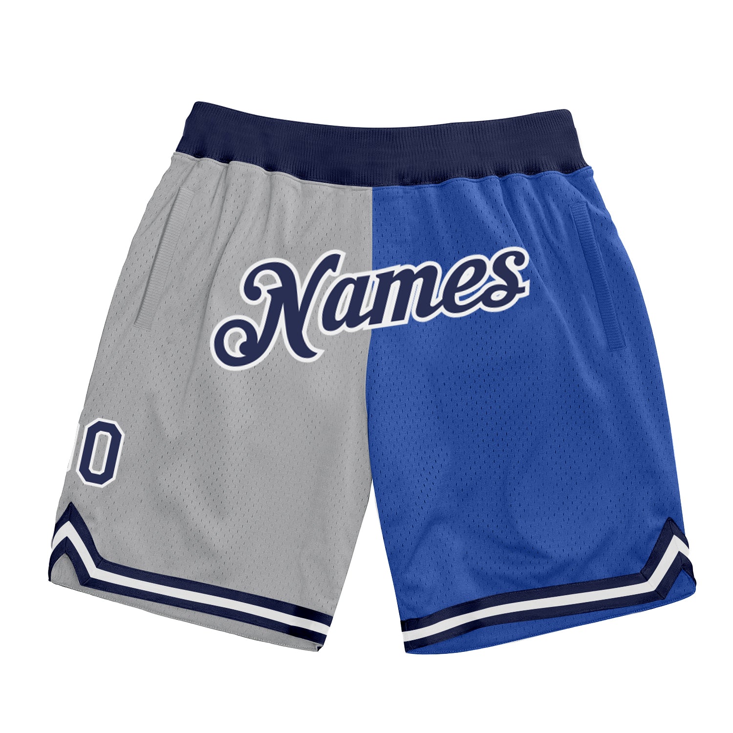 Custom Silver Gray Navy-Blue Authentic Throwback Split Fashion Basketball Shorts