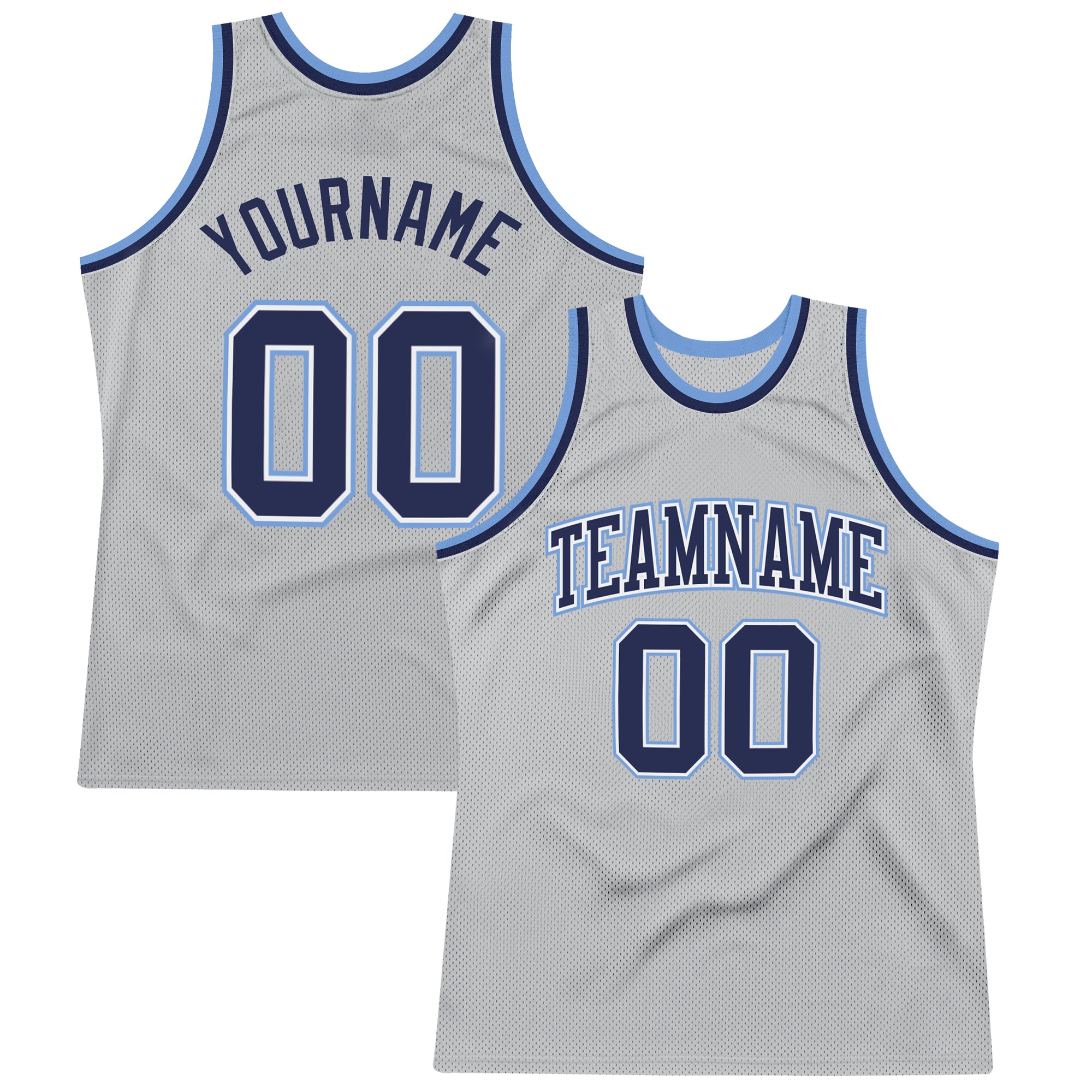 Custom Silver Gray Navy-Light Blue Authentic Throwback Basketball Jersey