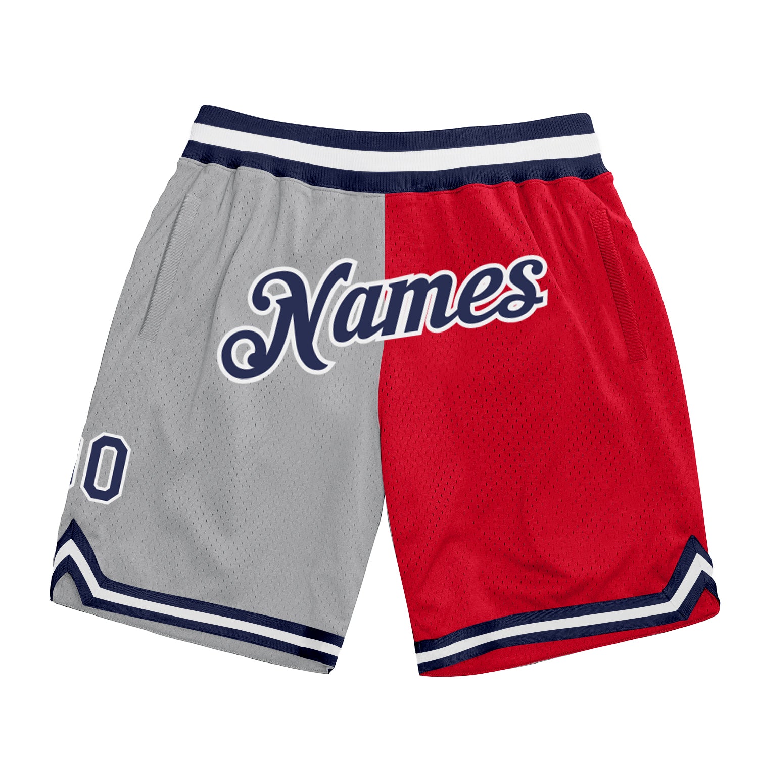 Custom Silver Gray Navy-Red Authentic Throwback Split Fashion Basketball Shorts