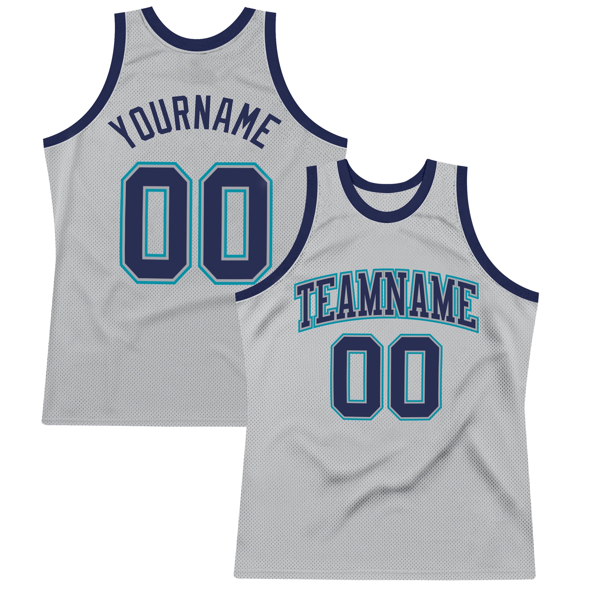 Custom Silver Gray Navy-Teal Authentic Throwback Basketball Jersey