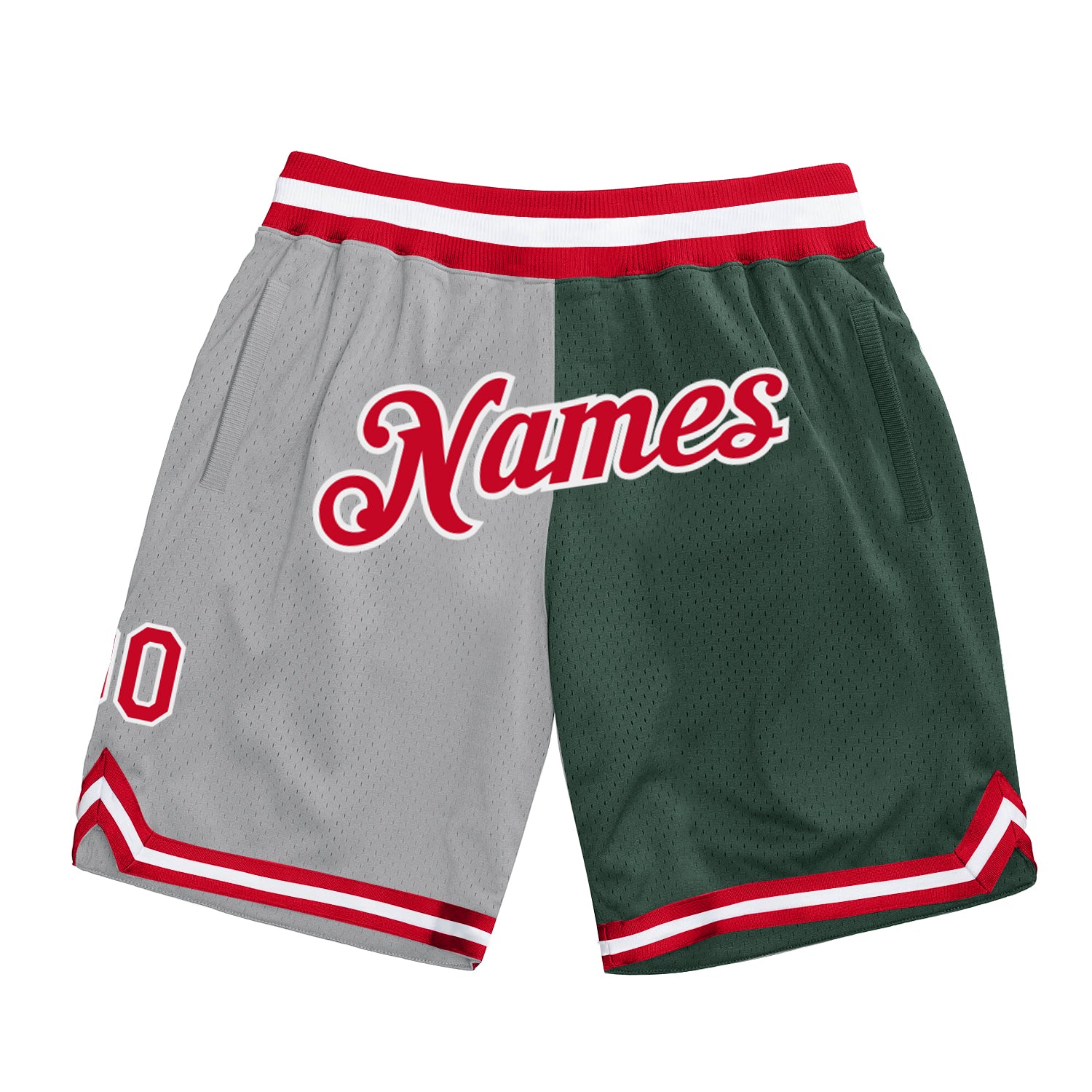 Custom Silver Gray Red-Hunter Green Authentic Throwback Split Fashion Basketball Shorts