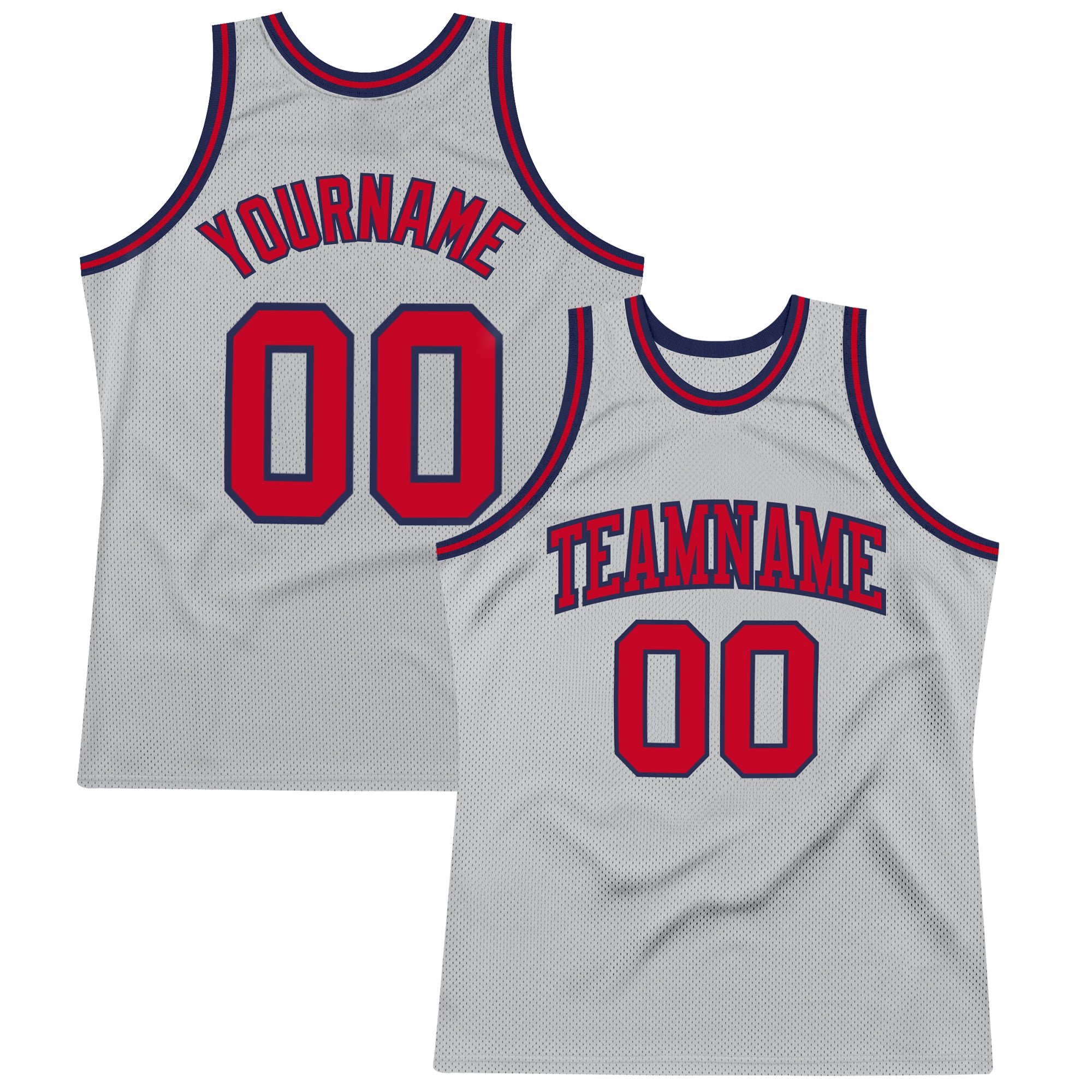 Custom Silver Gray Red-Navy Authentic Throwback Basketball Jersey