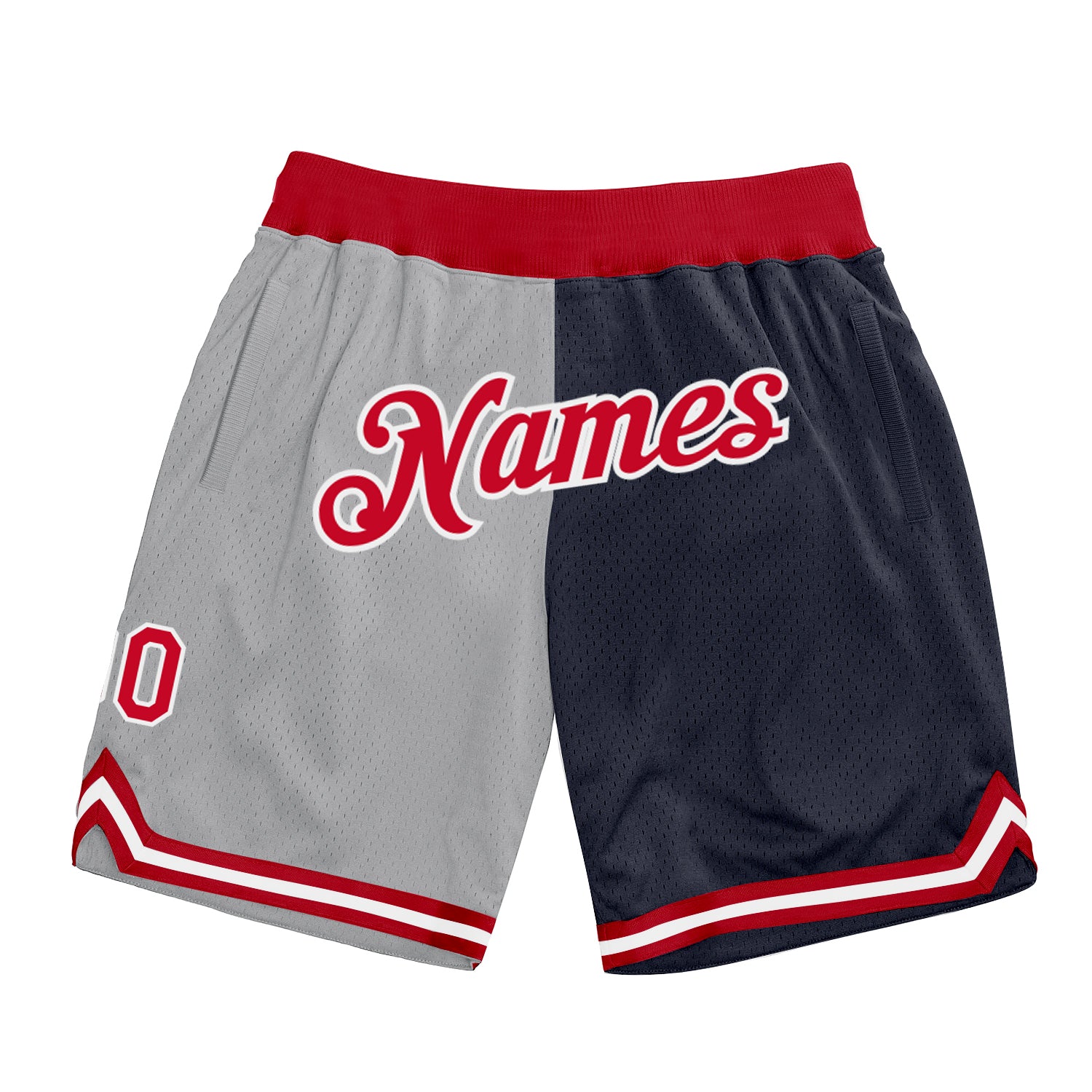 Custom Silver Gray Red-Navy Authentic Throwback Split Fashion Basketball Shorts