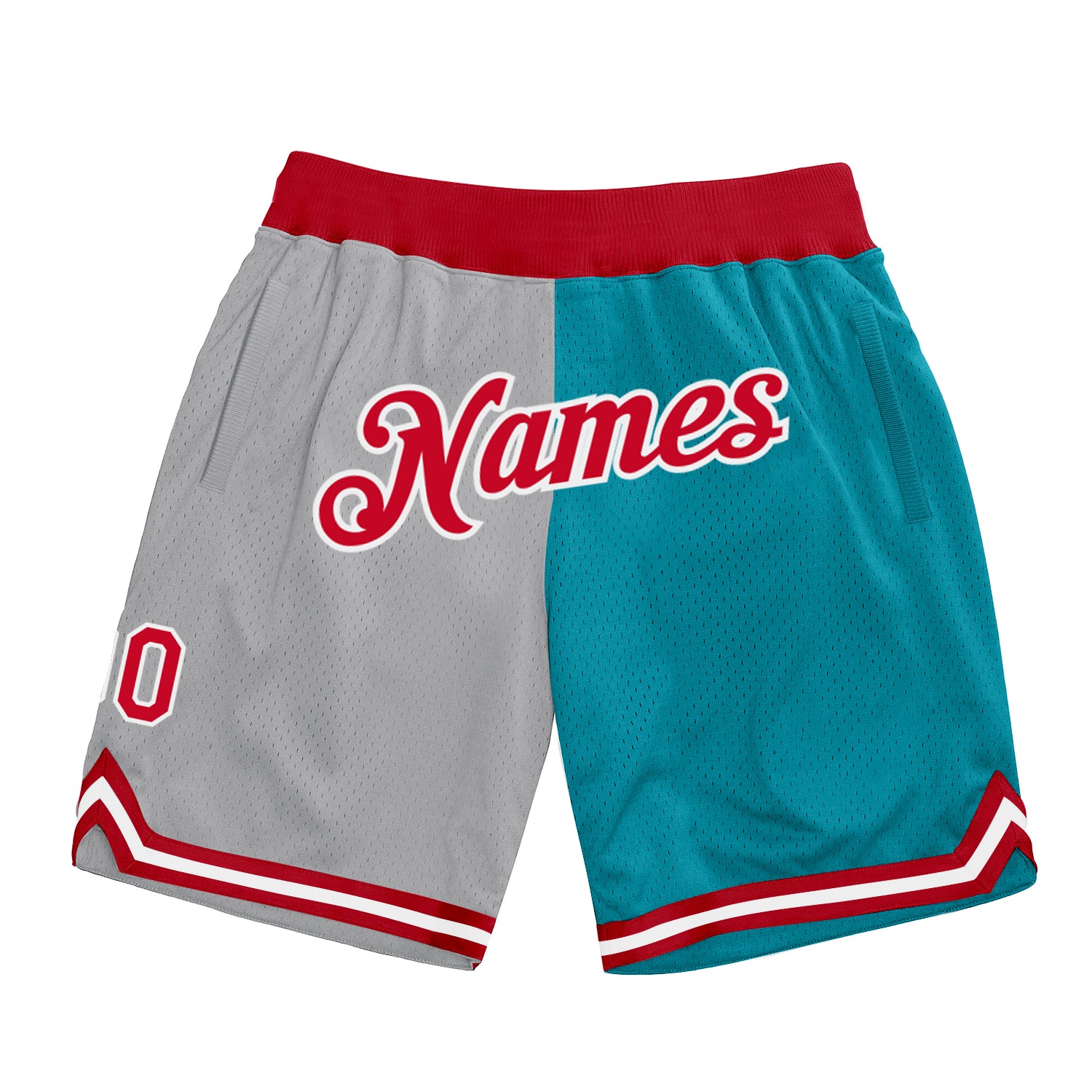 Custom Silver Gray Red-Teal Authentic Throwback Split Fashion Basketball Shorts