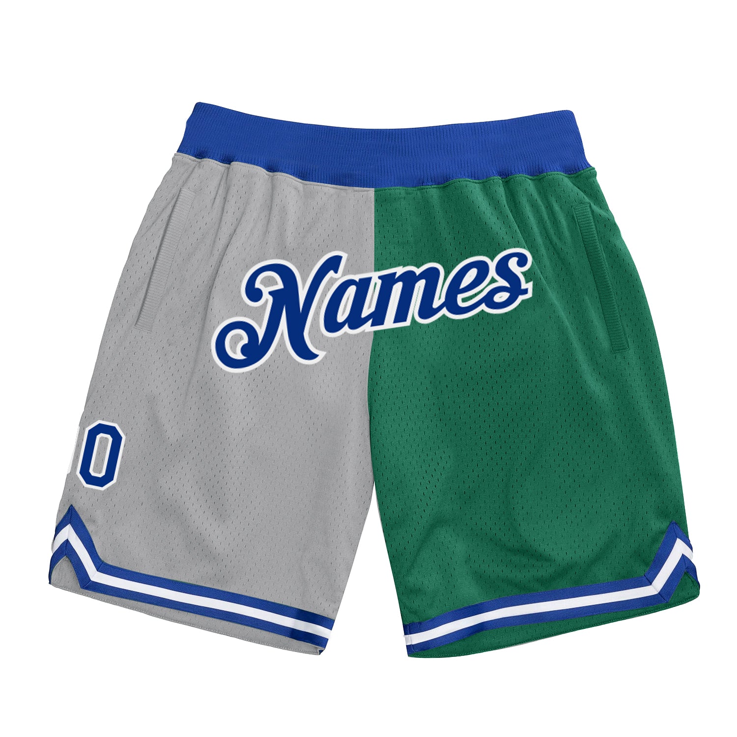 Custom Silver Gray Royal-Kelly Green Authentic Throwback Split Fashion Basketball Shorts