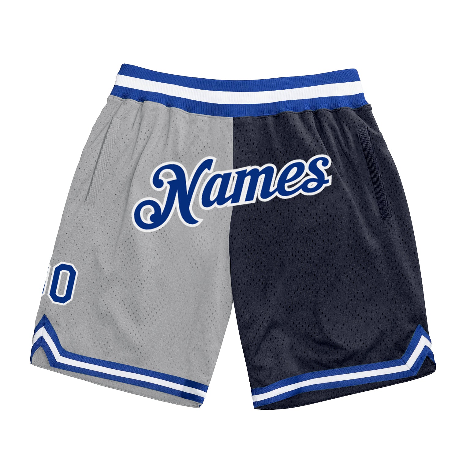 Custom Silver Gray Royal-Navy Authentic Throwback Split Fashion Basketball Shorts