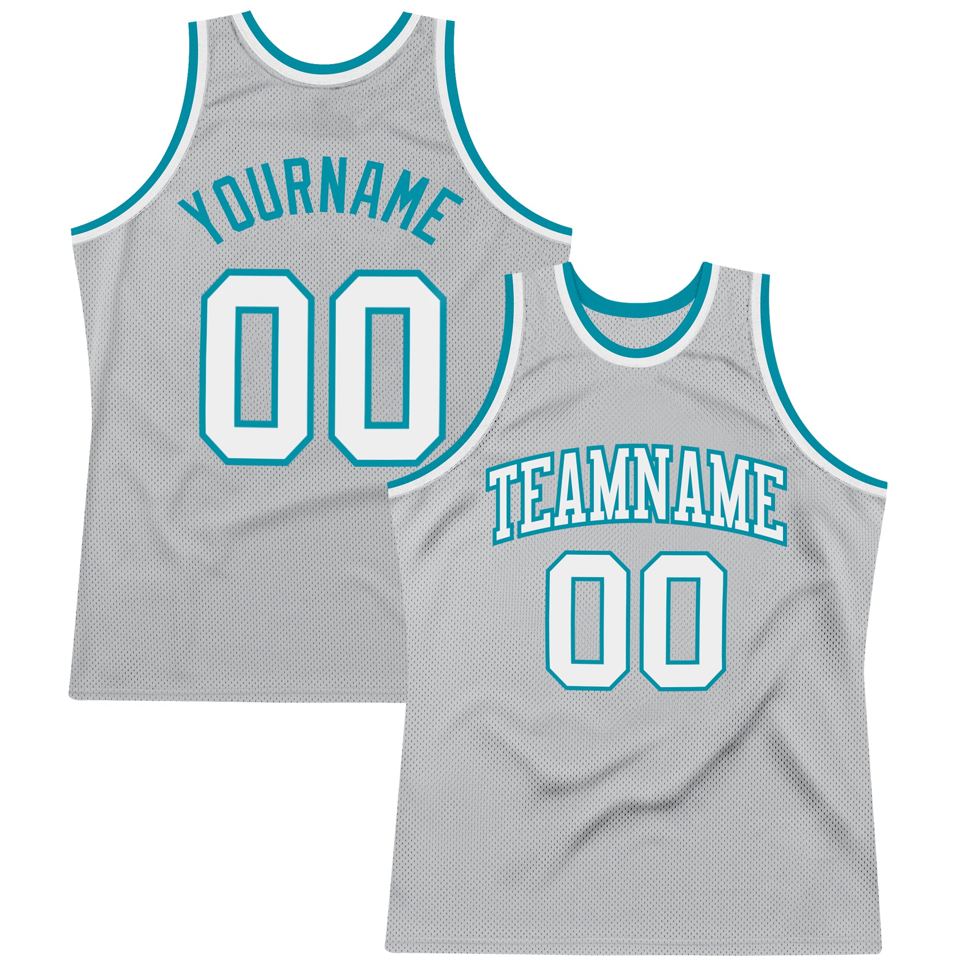 Custom Silver Gray White-Teal Authentic Throwback Basketball Jersey