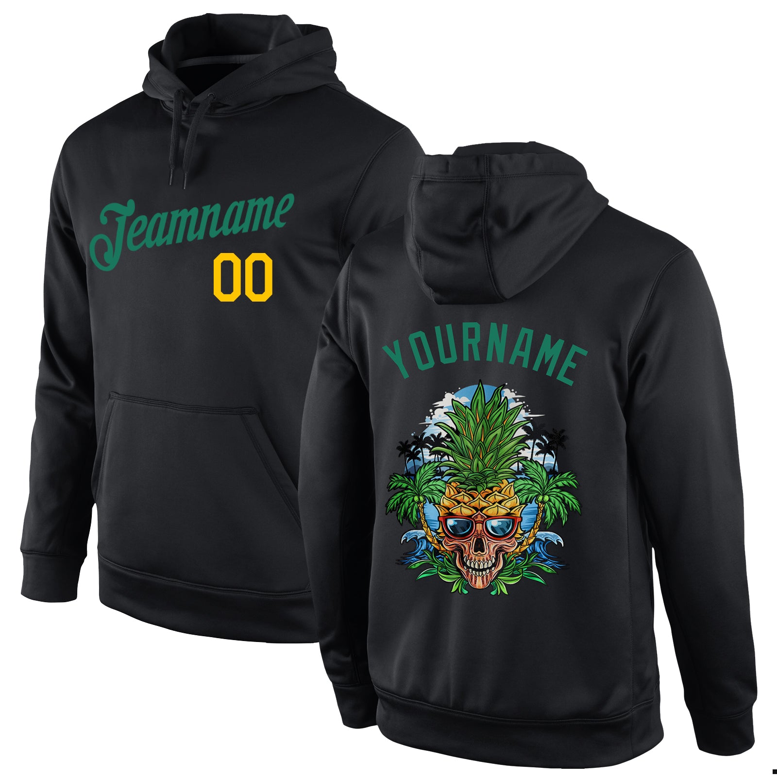 Custom Stitched Black Kelly Green-Gold Skull Pineapple Head Sports Pullover Sweatshirt Hoodie